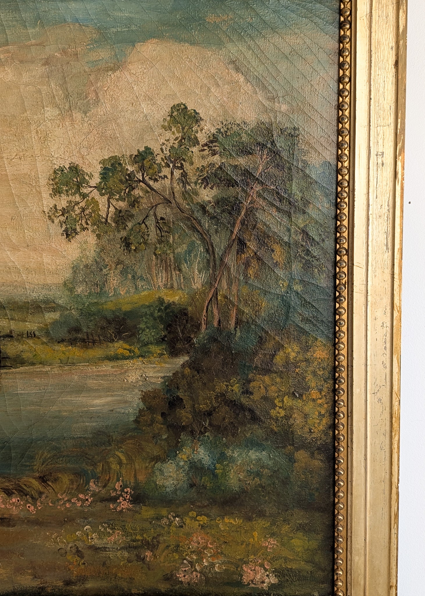 Large Antique Original Gilded Frame Dreamy Landscape Oil Painting with Beautiful Craquelure