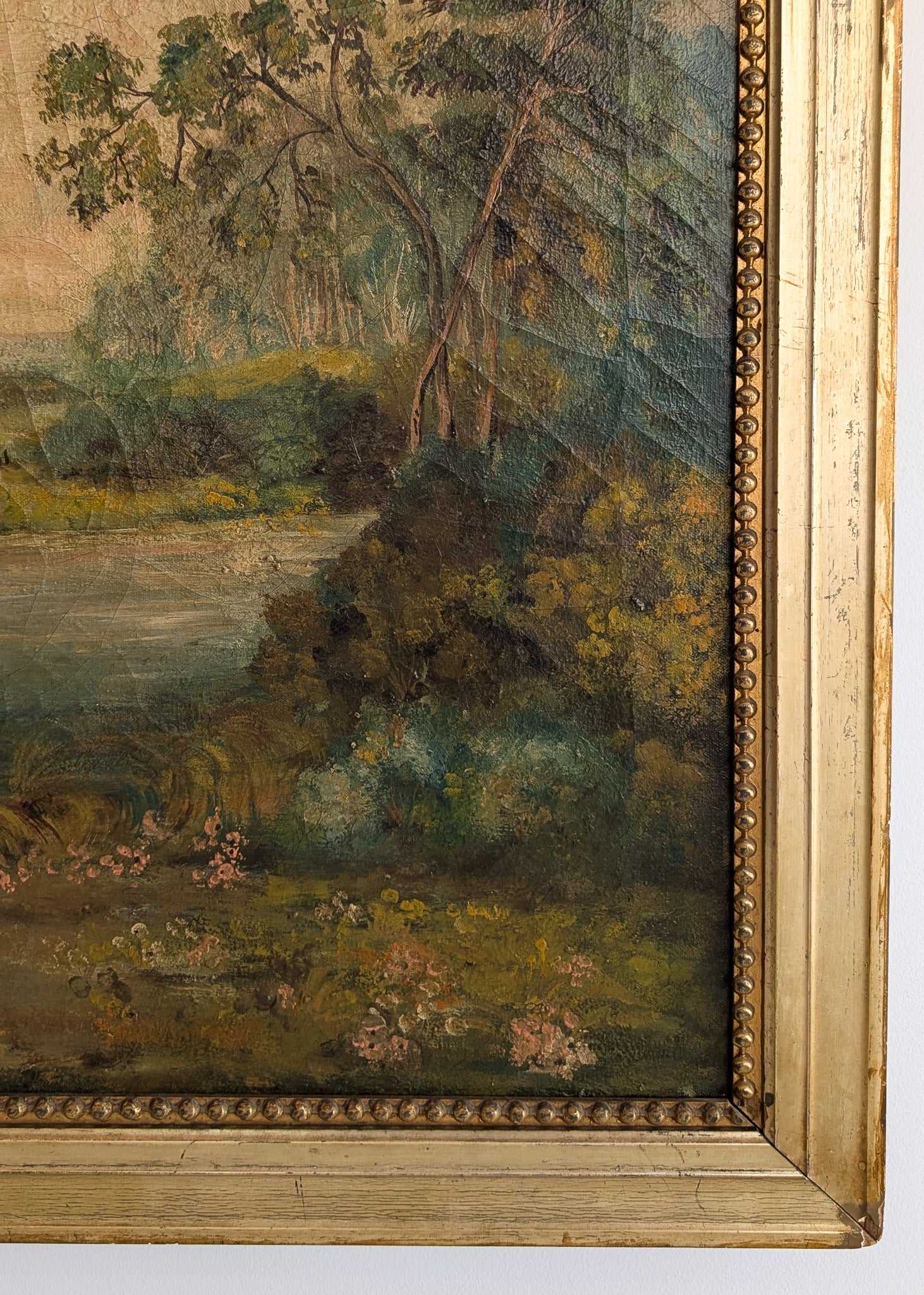 Large Antique Original Gilded Frame Dreamy Landscape Oil Painting with Beautiful Craquelure