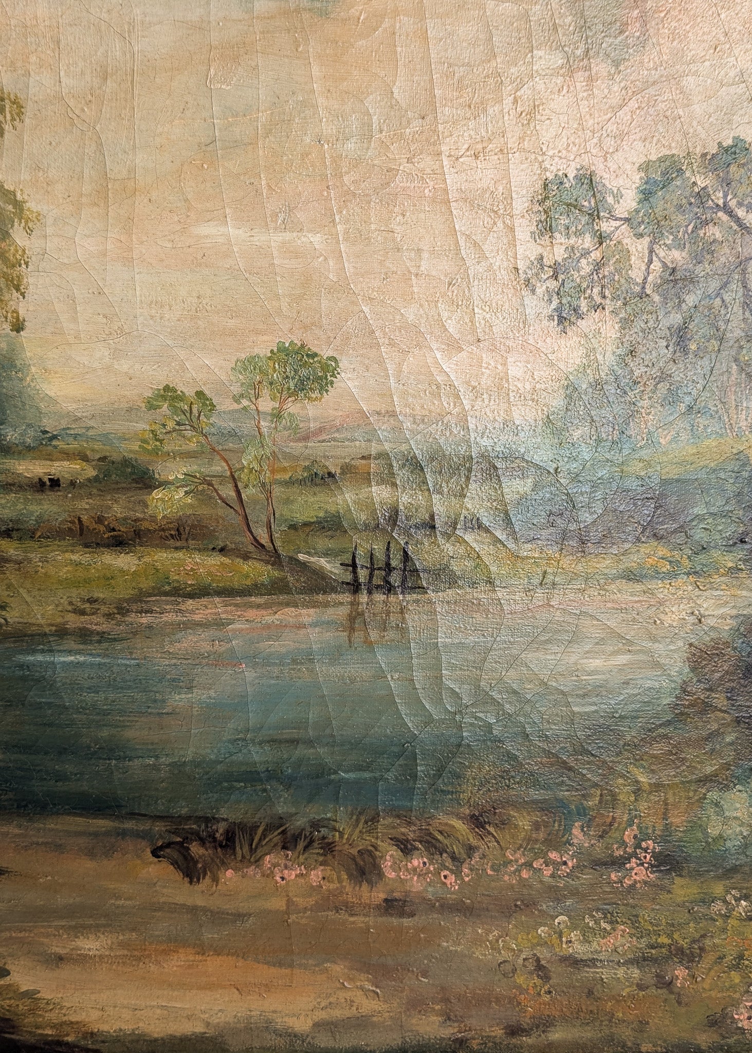 Large Antique Original Gilded Frame Dreamy Landscape Oil Painting with Beautiful Craquelure