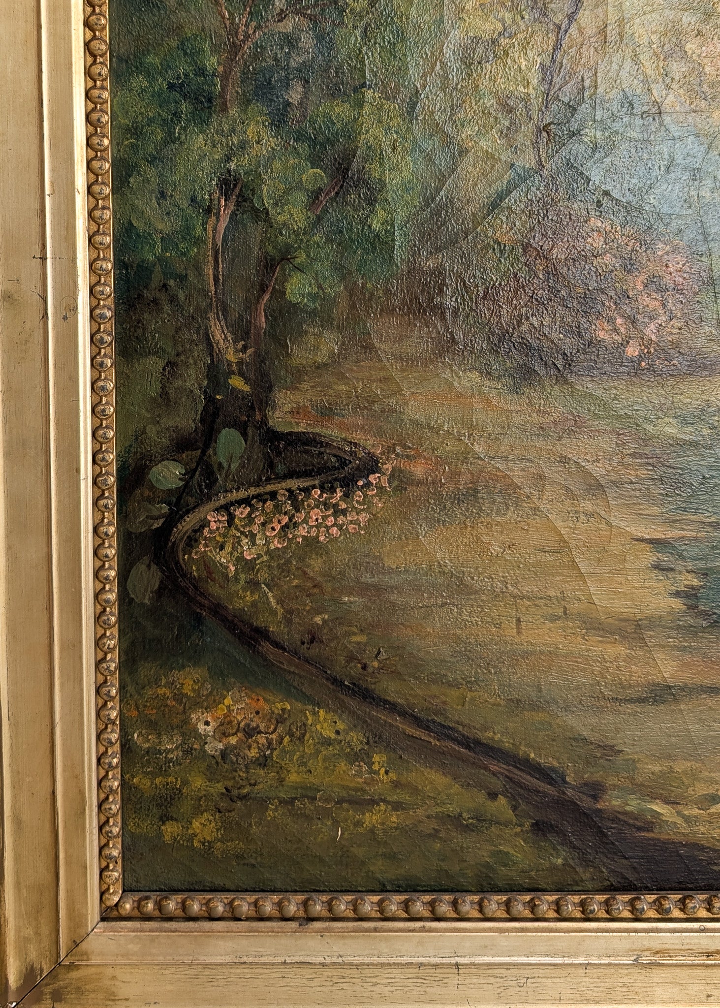 Large Antique Original Gilded Frame Dreamy Landscape Oil Painting with Beautiful Craquelure
