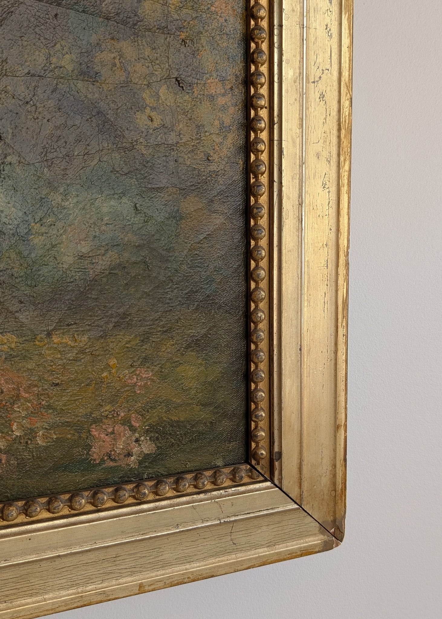 Large Antique Original Gilded Frame Dreamy Landscape Oil Painting with Beautiful Craquelure