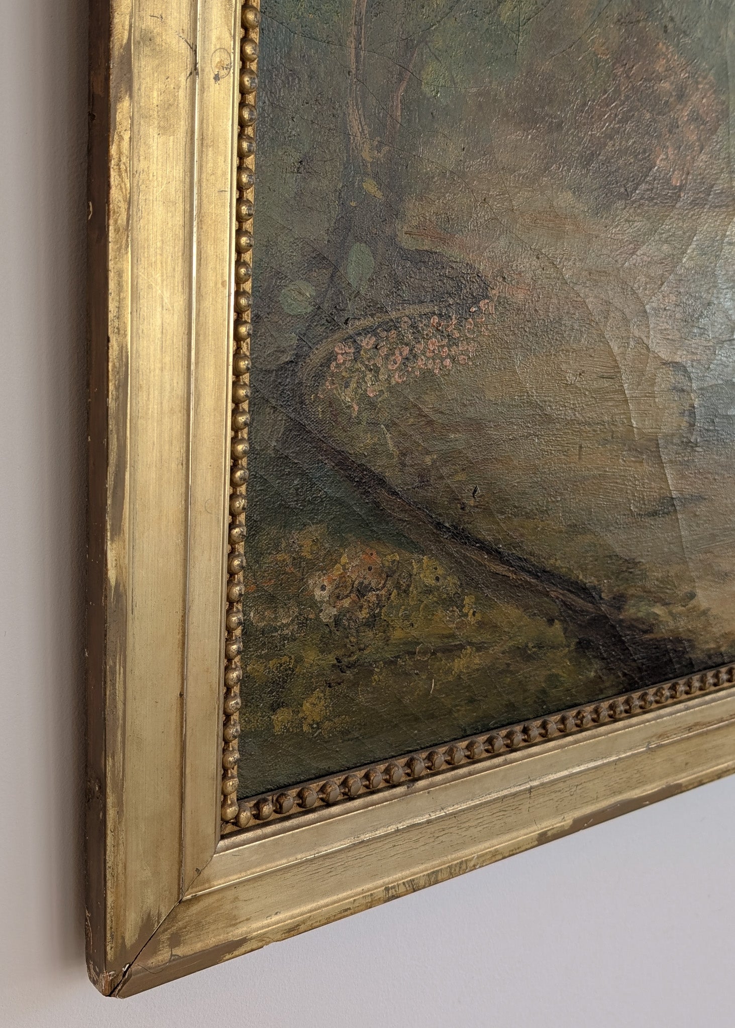 Large Antique Original Gilded Frame Dreamy Landscape Oil Painting with Beautiful Craquelure