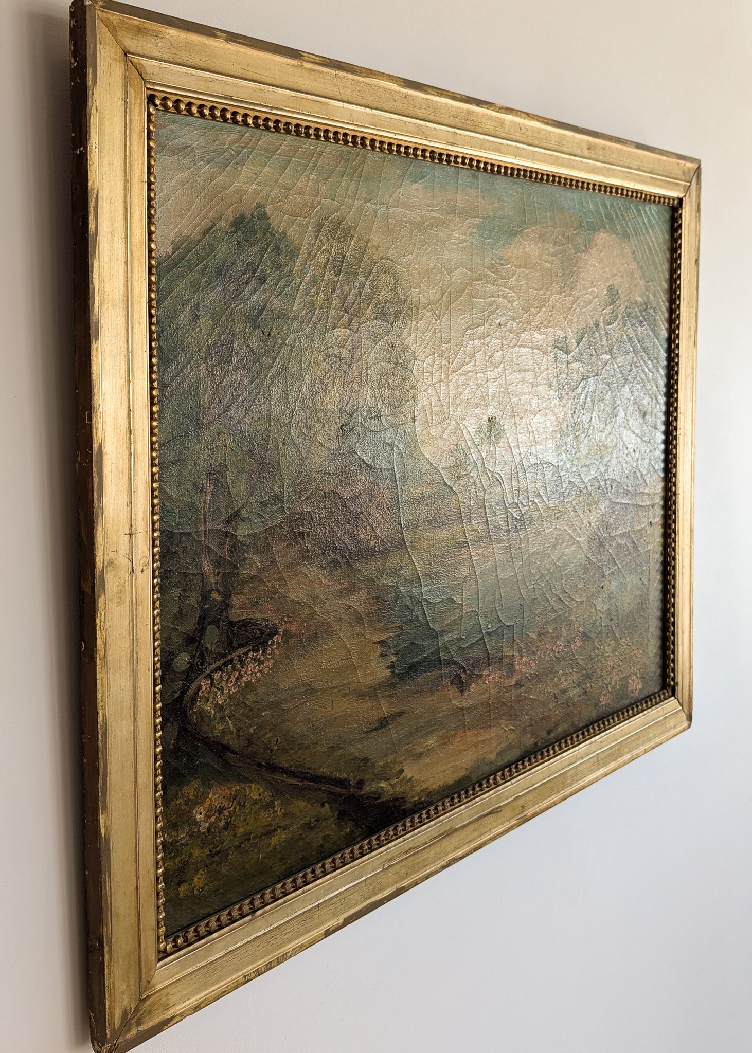 Large Antique Original Gilded Frame Dreamy Landscape Oil Painting with Beautiful Craquelure