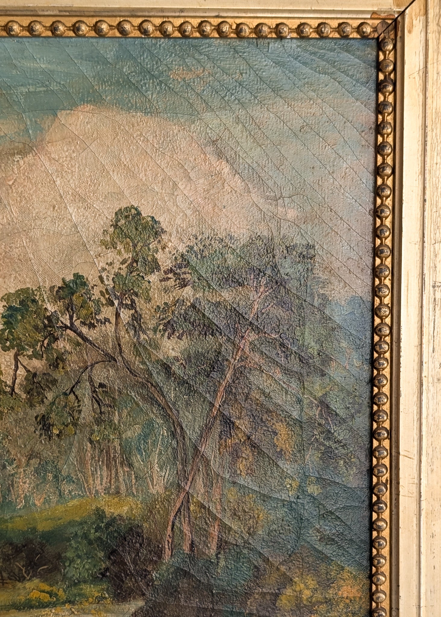 Large Antique Original Gilded Frame Dreamy Landscape Oil Painting with Beautiful Craquelure