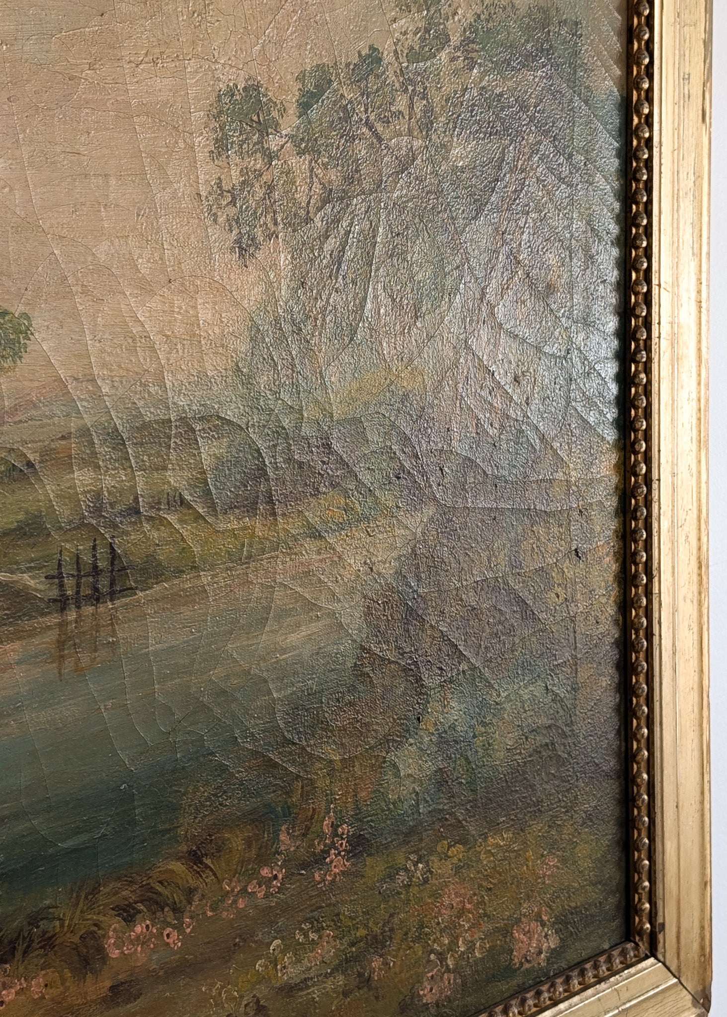 Large Antique Original Gilded Frame Dreamy Landscape Oil Painting with Beautiful Craquelure
