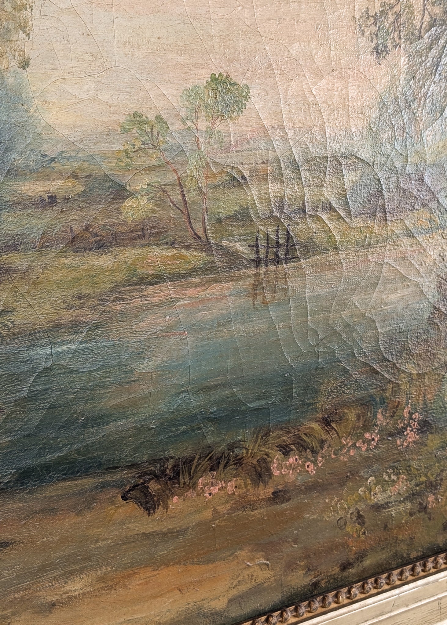 Large Antique Original Gilded Frame Dreamy Landscape Oil Painting with Beautiful Craquelure