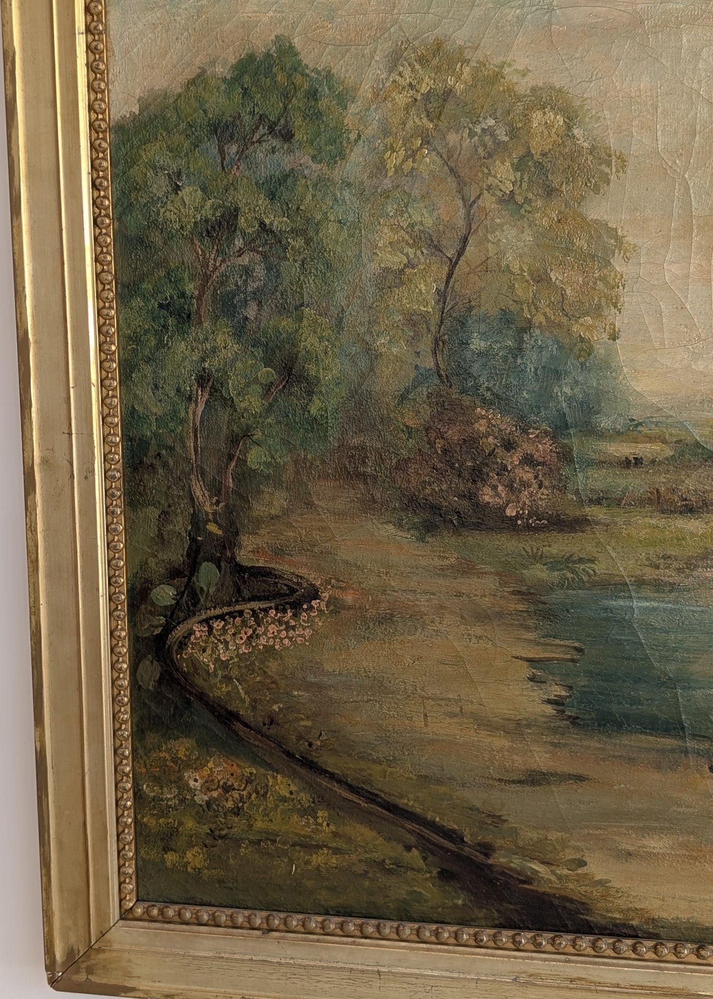 Large Antique Original Gilded Frame Dreamy Landscape Oil Painting with Beautiful Craquelure
