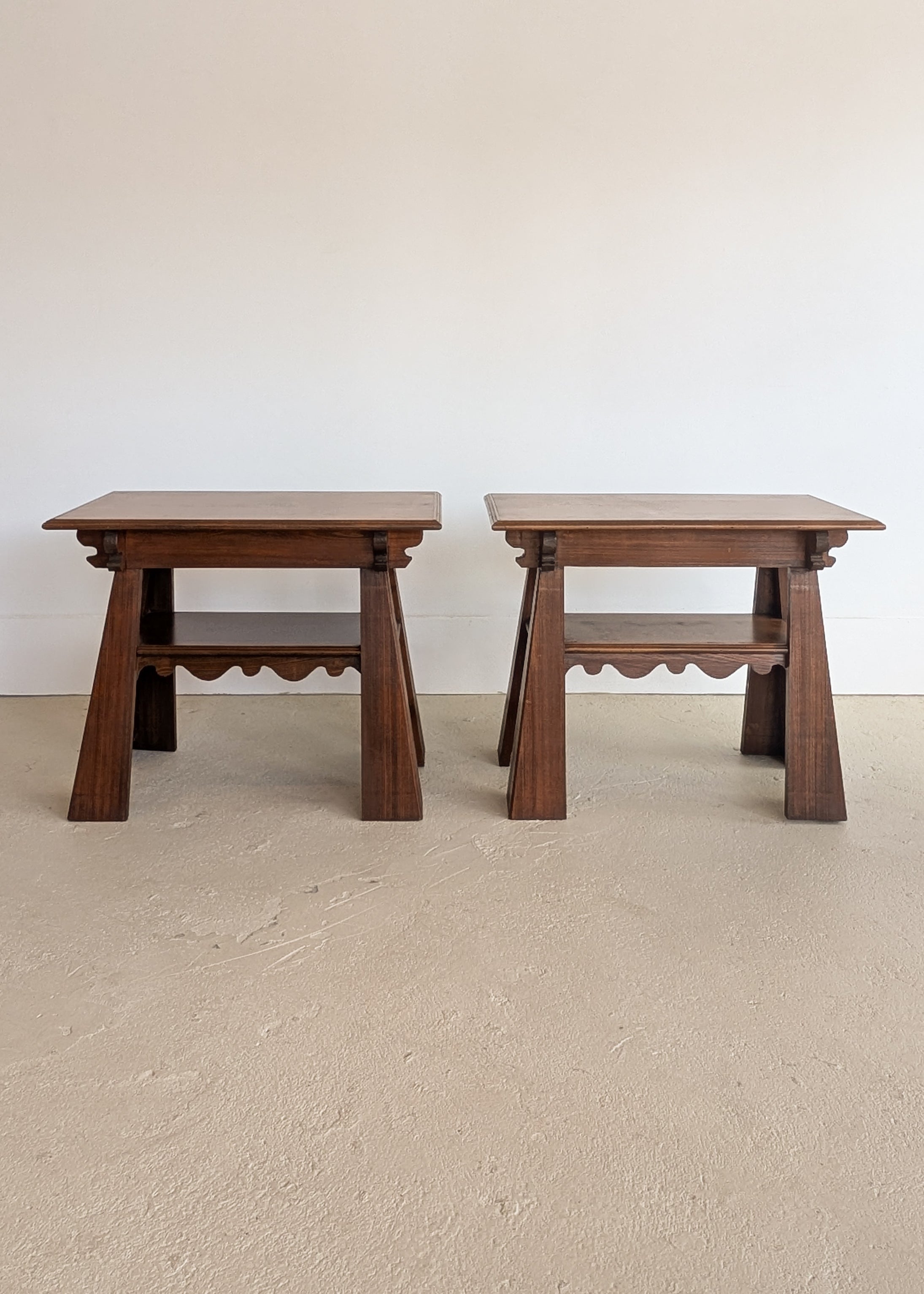 Pair of Unique Vintage Handcrafted Scalloped Wavy Wooden Nightstands or Side Tables with Shelf