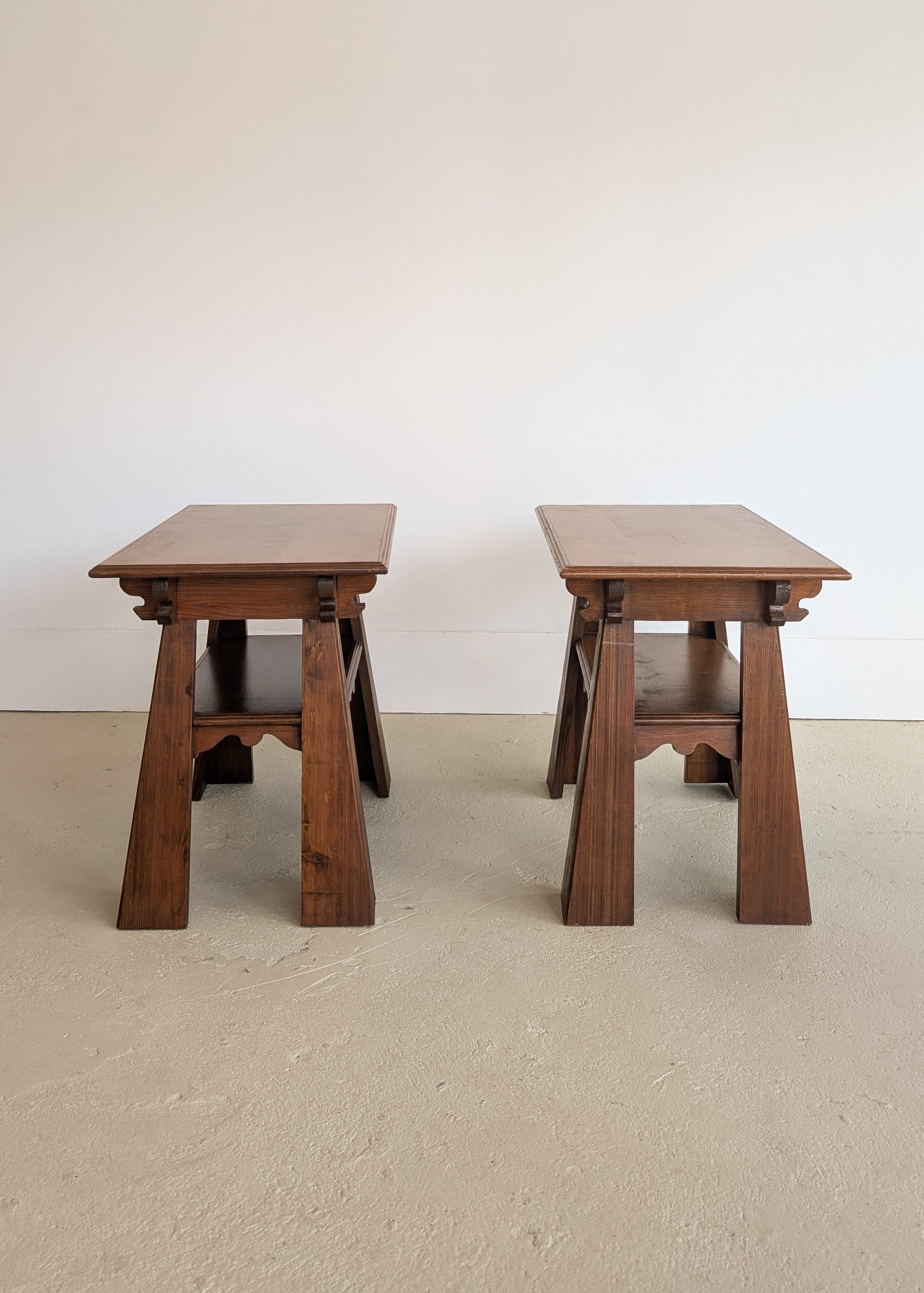 Pair of Unique Vintage Handcrafted Scalloped Wavy Wooden Nightstands or Side Tables with Shelf