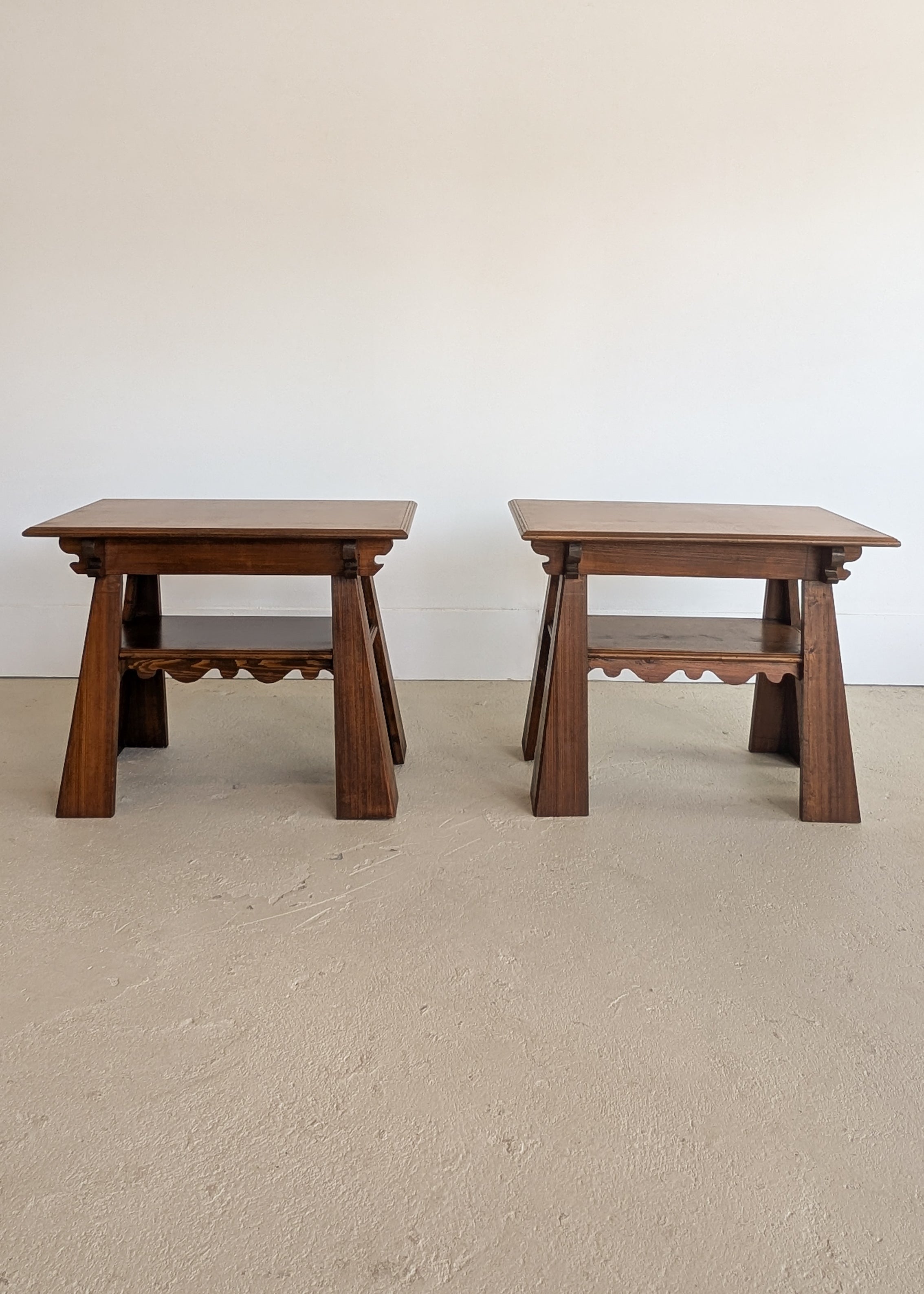 Pair of Unique Vintage Handcrafted Scalloped Wavy Wooden Nightstands or Side Tables with Shelf