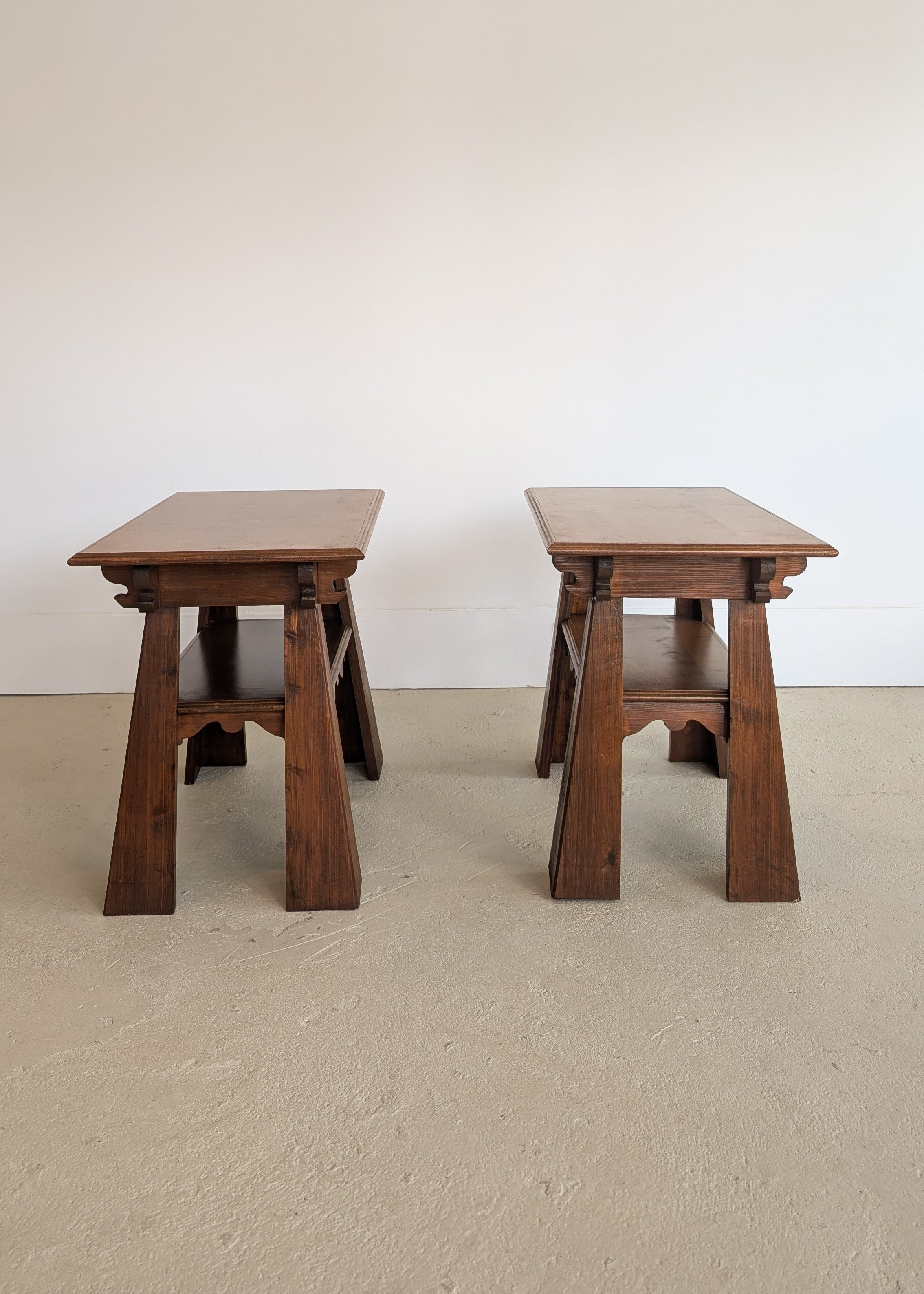 Pair of Unique Vintage Handcrafted Scalloped Wavy Wooden Nightstands or Side Tables with Shelf