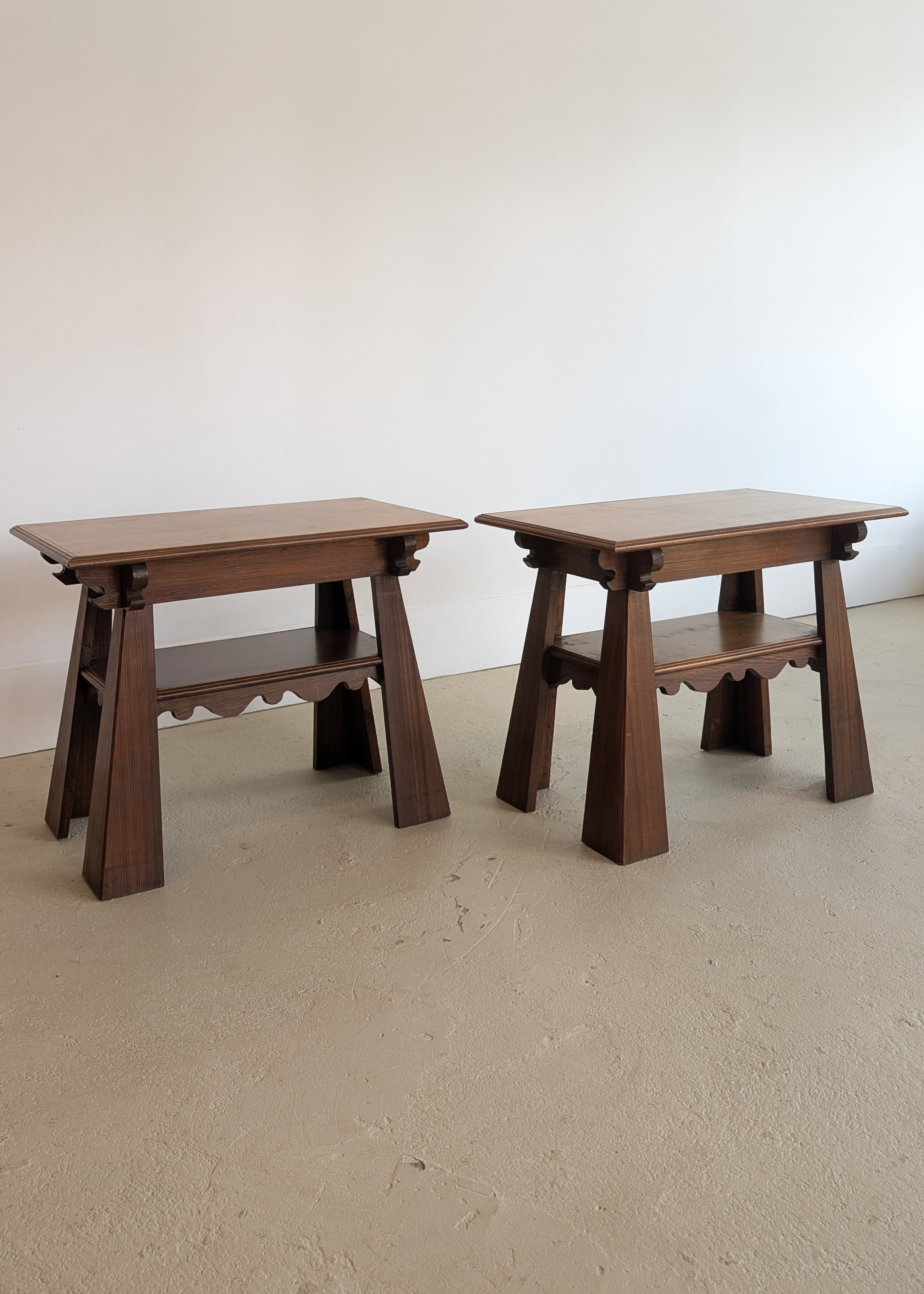 Pair of Unique Vintage Handcrafted Scalloped Wavy Wooden Nightstands or Side Tables with Shelf
