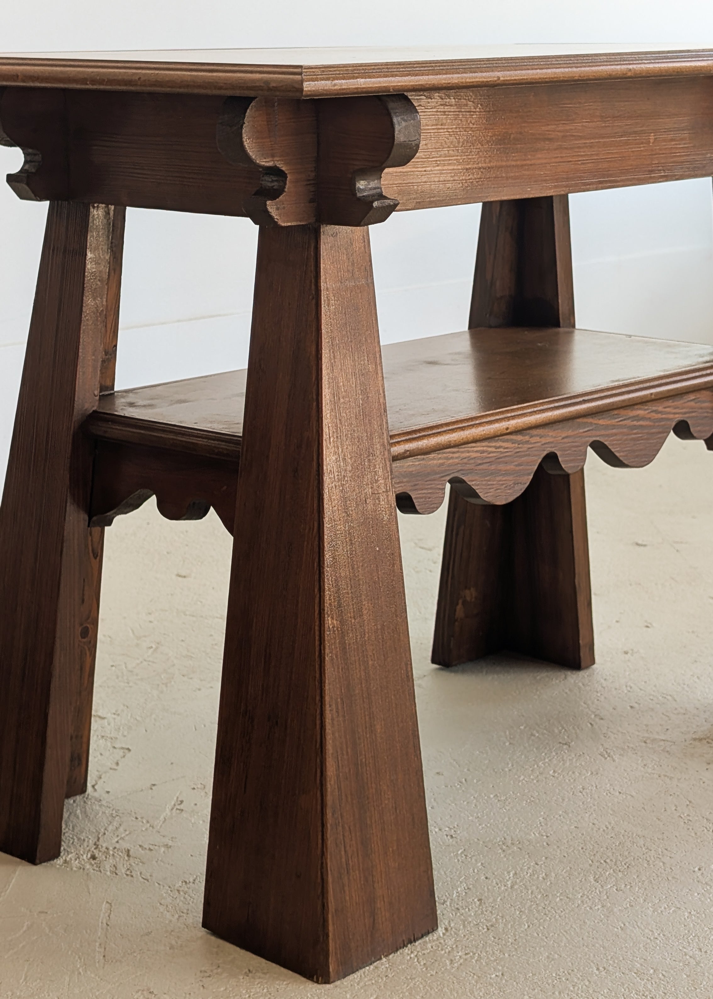Pair of Unique Vintage Handcrafted Scalloped Wavy Wooden Nightstands or Side Tables with Shelf