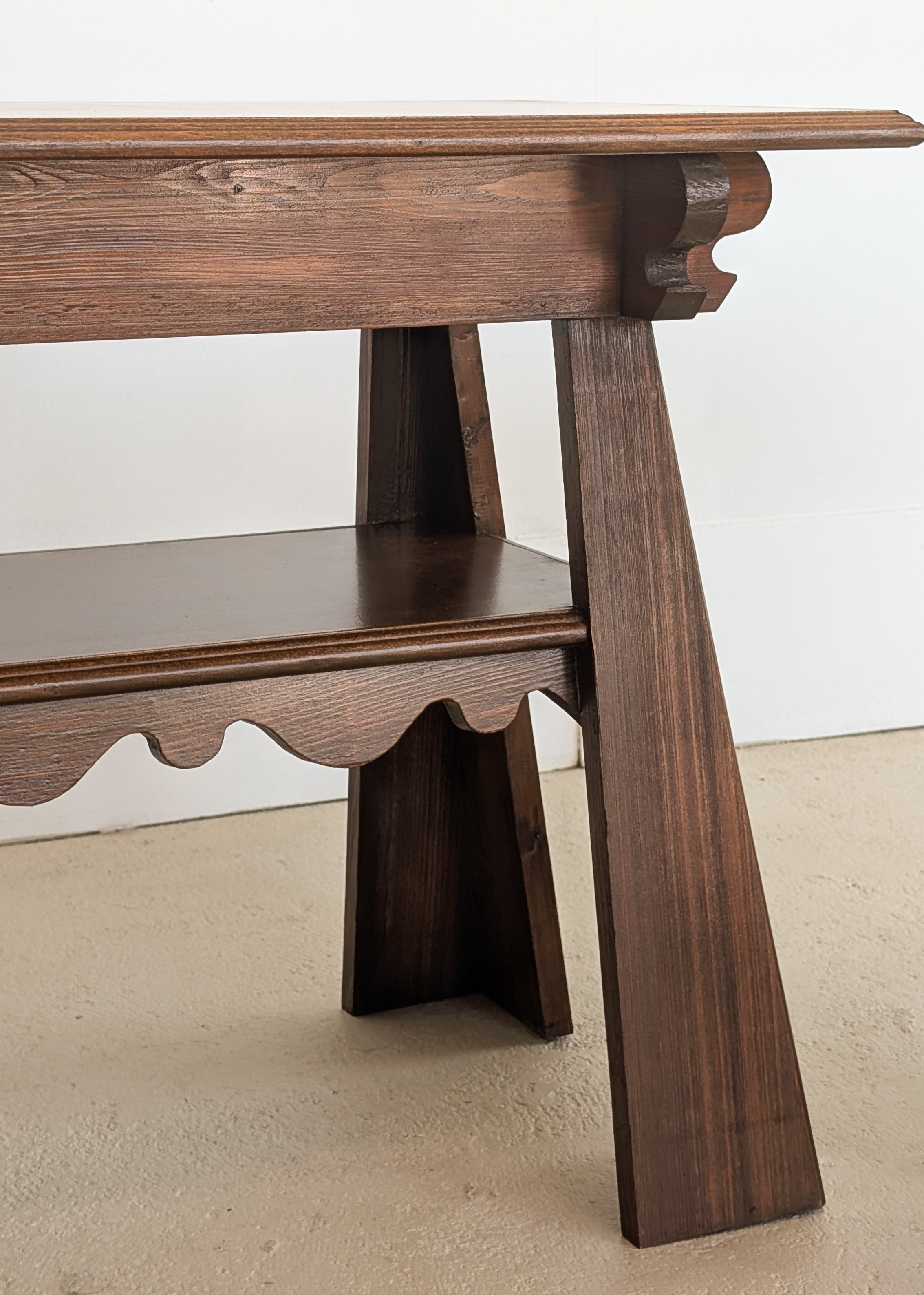 Pair of Unique Vintage Handcrafted Scalloped Wavy Wooden Nightstands or Side Tables with Shelf