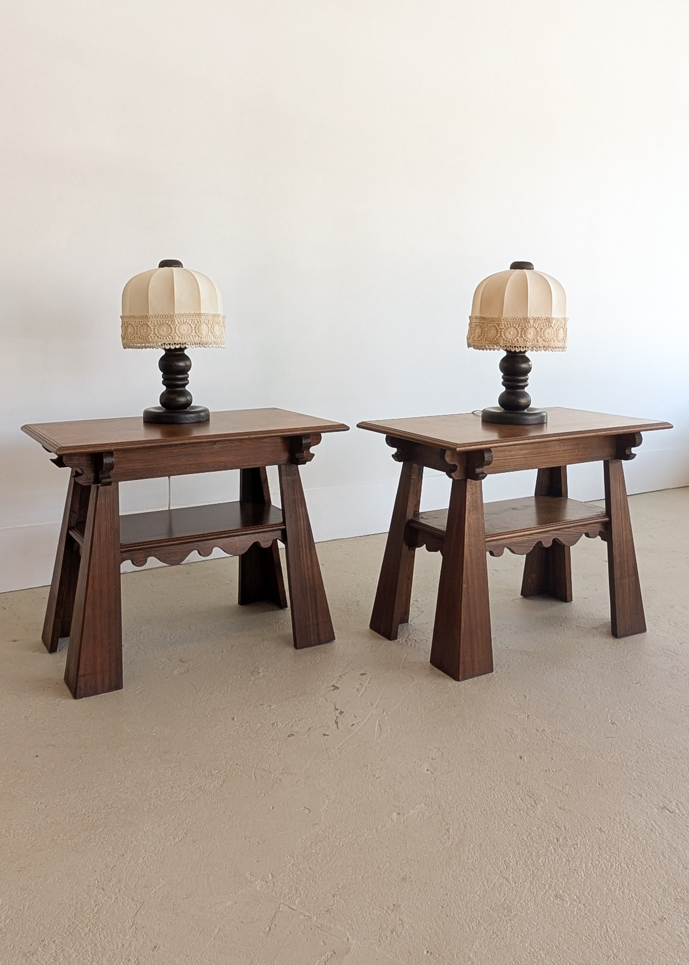 Pair of Unique Vintage Handcrafted Scalloped Wavy Wooden Nightstands or Side Tables with Shelf