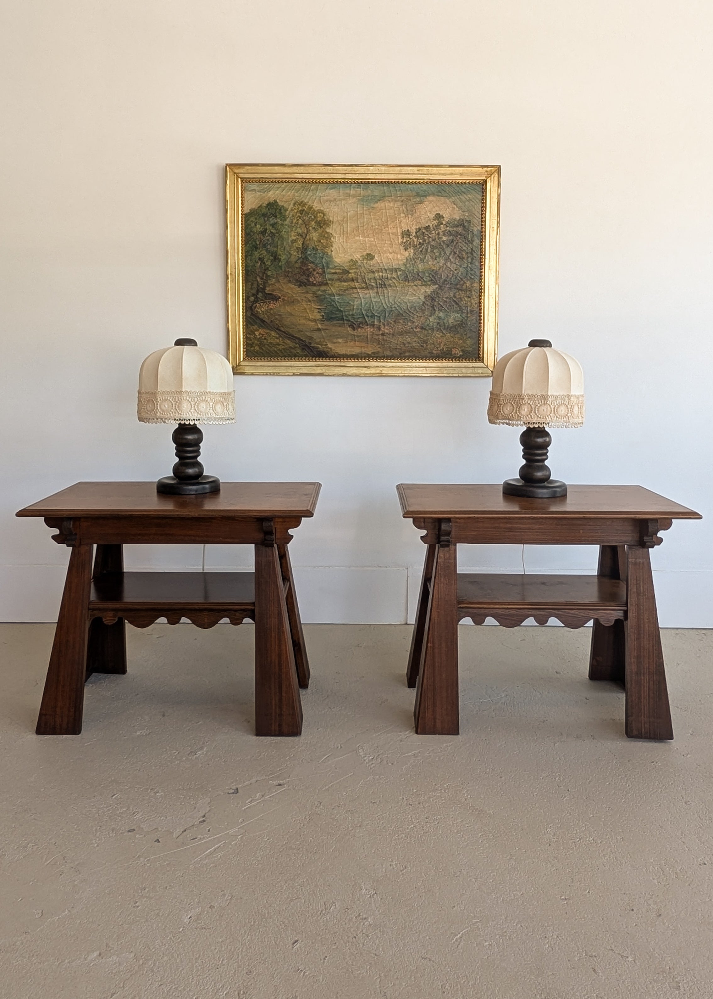 Pair of Unique Vintage Handcrafted Scalloped Wavy Wooden Nightstands or Side Tables with Shelf
