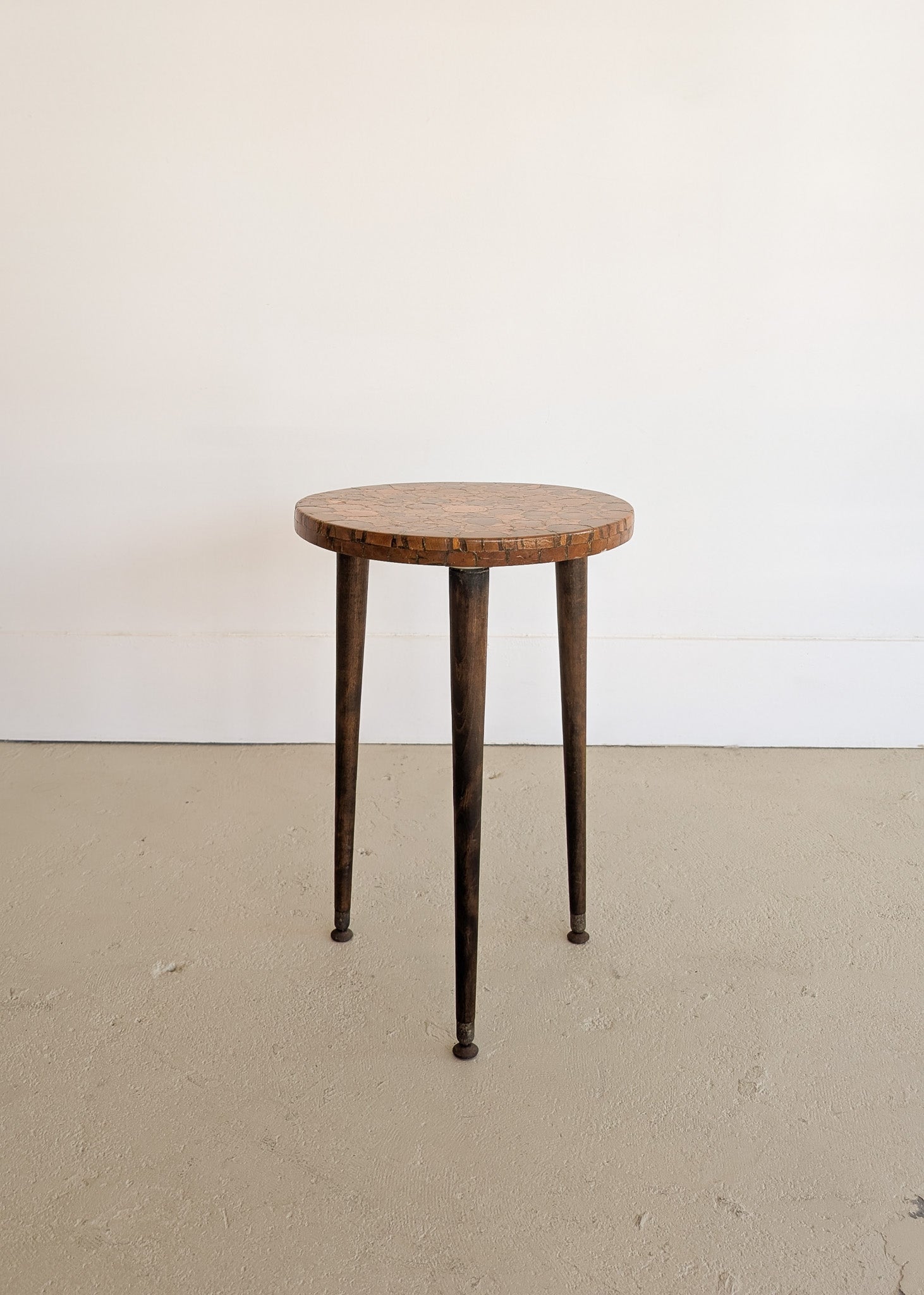 Likely Movie or TV Set Prop Vintage Handmade Midcentury Side Table with Assorted Wood Cookies Slices Top