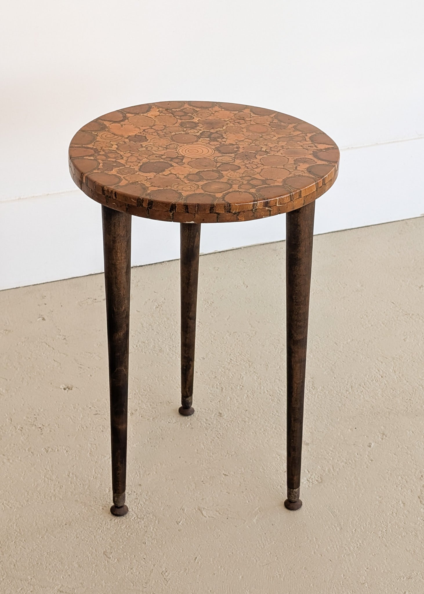 Likely Movie or TV Set Prop Vintage Handmade Midcentury Side Table with Assorted Wood Cookies Slices Top