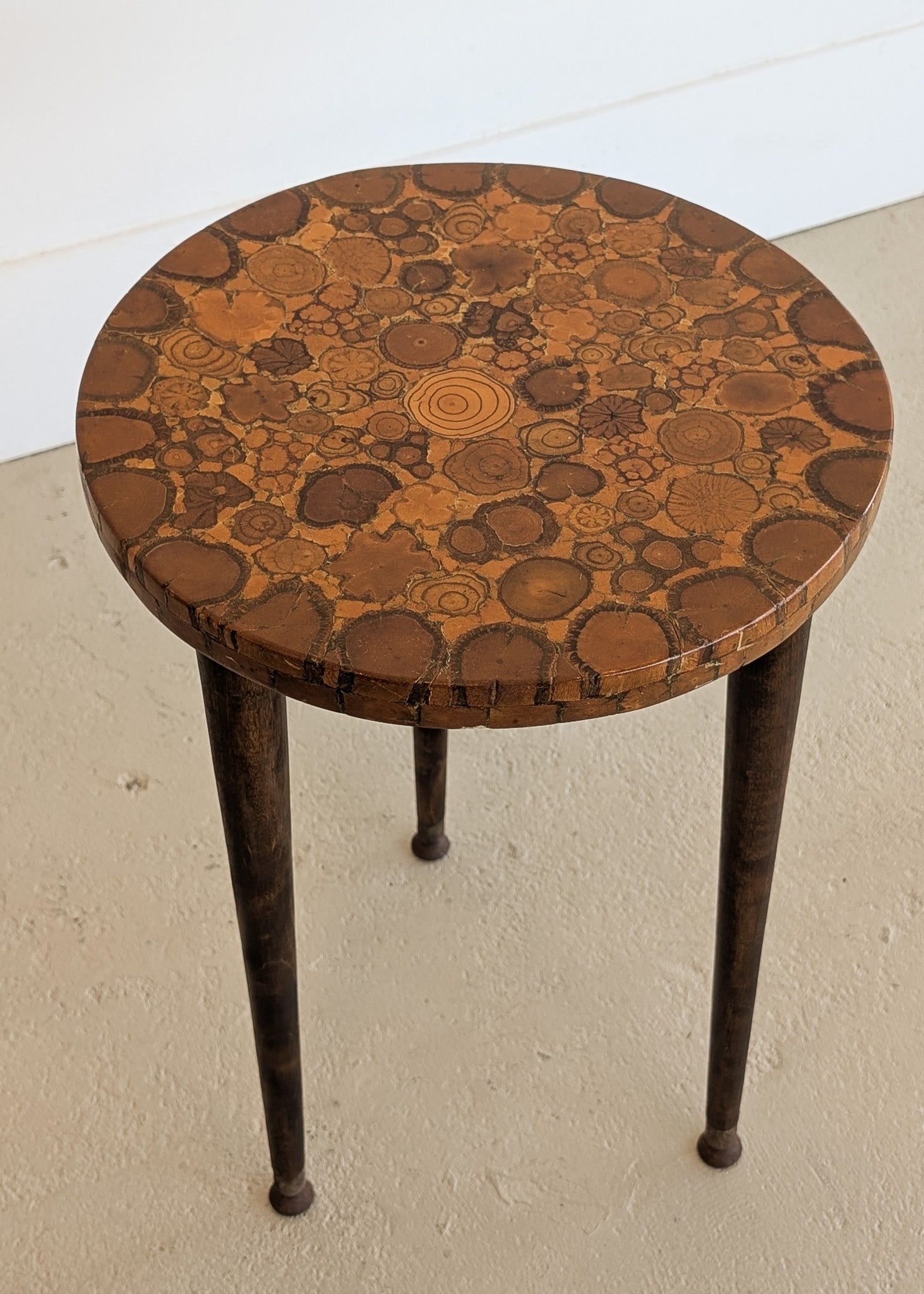 Likely Movie or TV Set Prop Vintage Handmade Midcentury Side Table with Assorted Wood Cookies Slices Top