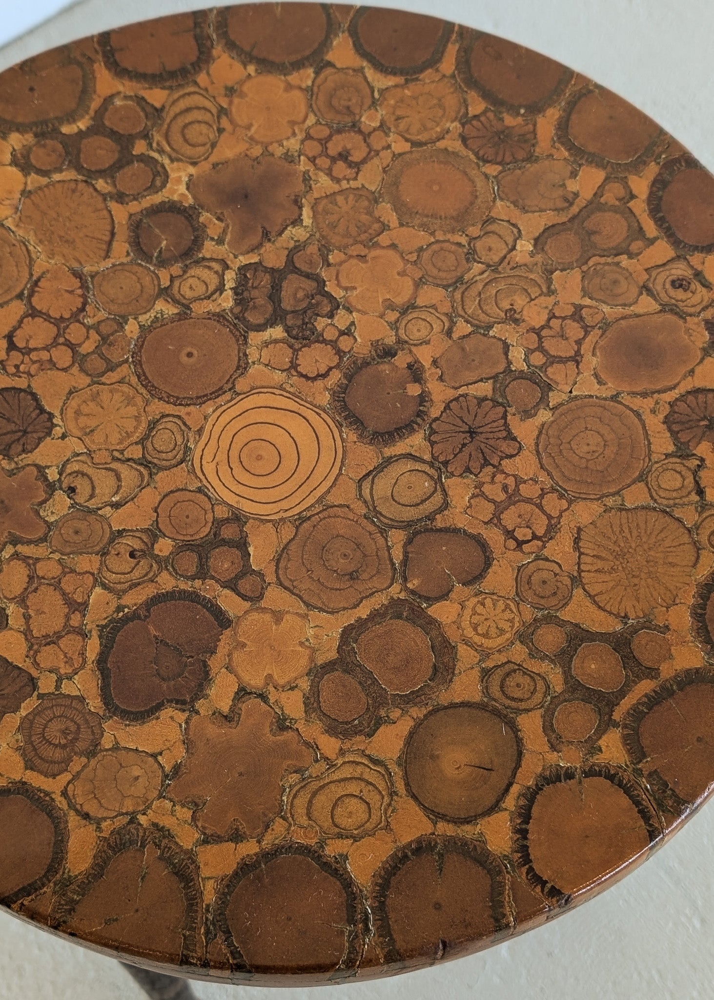 Likely Movie or TV Set Prop Vintage Handmade Midcentury Side Table with Assorted Wood Cookies Slices Top