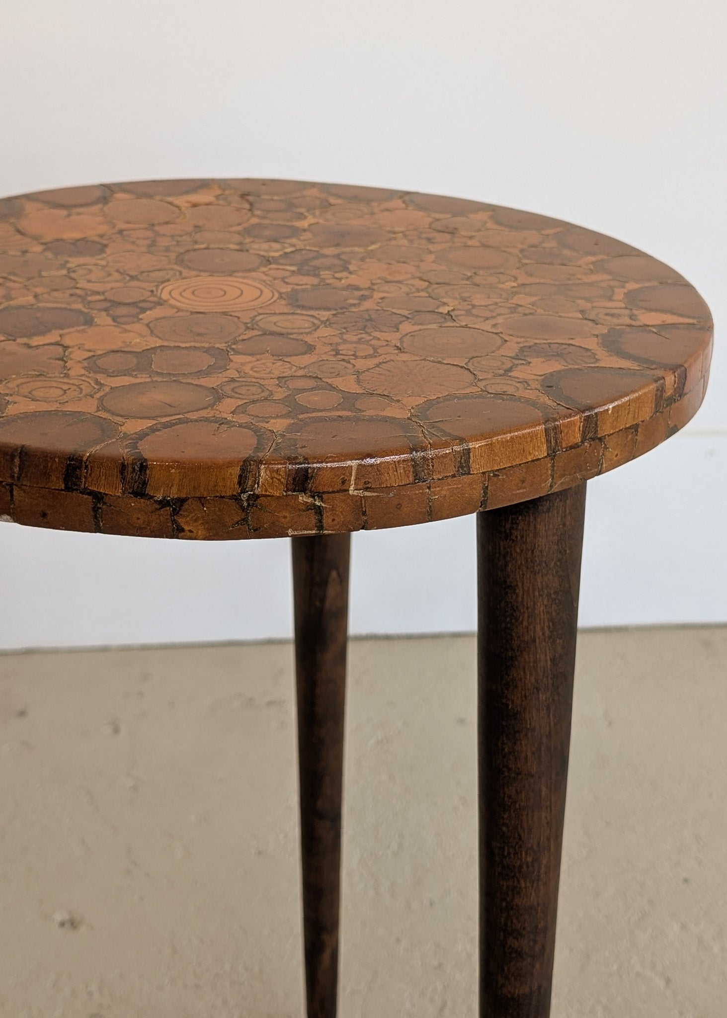 Likely Movie or TV Set Prop Vintage Handmade Midcentury Side Table with Assorted Wood Cookies Slices Top