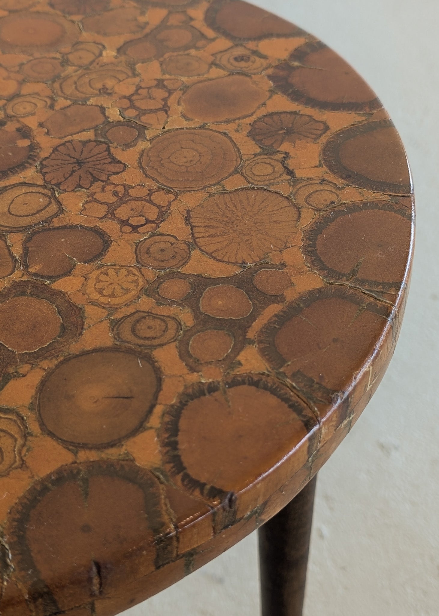 Likely Movie or TV Set Prop Vintage Handmade Midcentury Side Table with Assorted Wood Cookies Slices Top