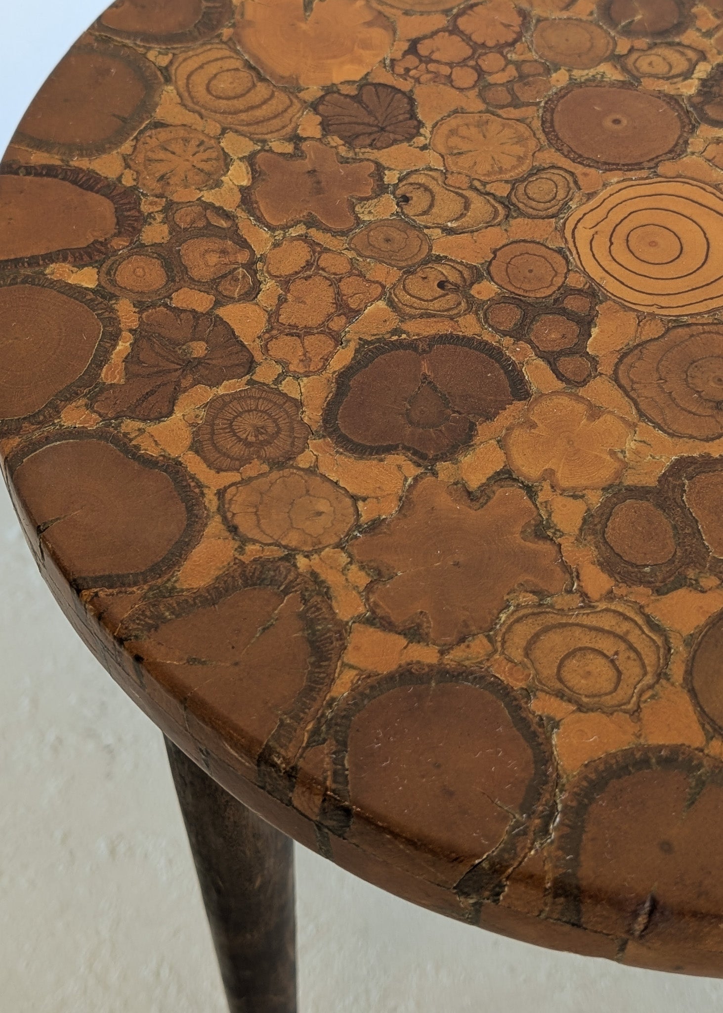 Likely Movie or TV Set Prop Vintage Handmade Midcentury Side Table with Assorted Wood Cookies Slices Top