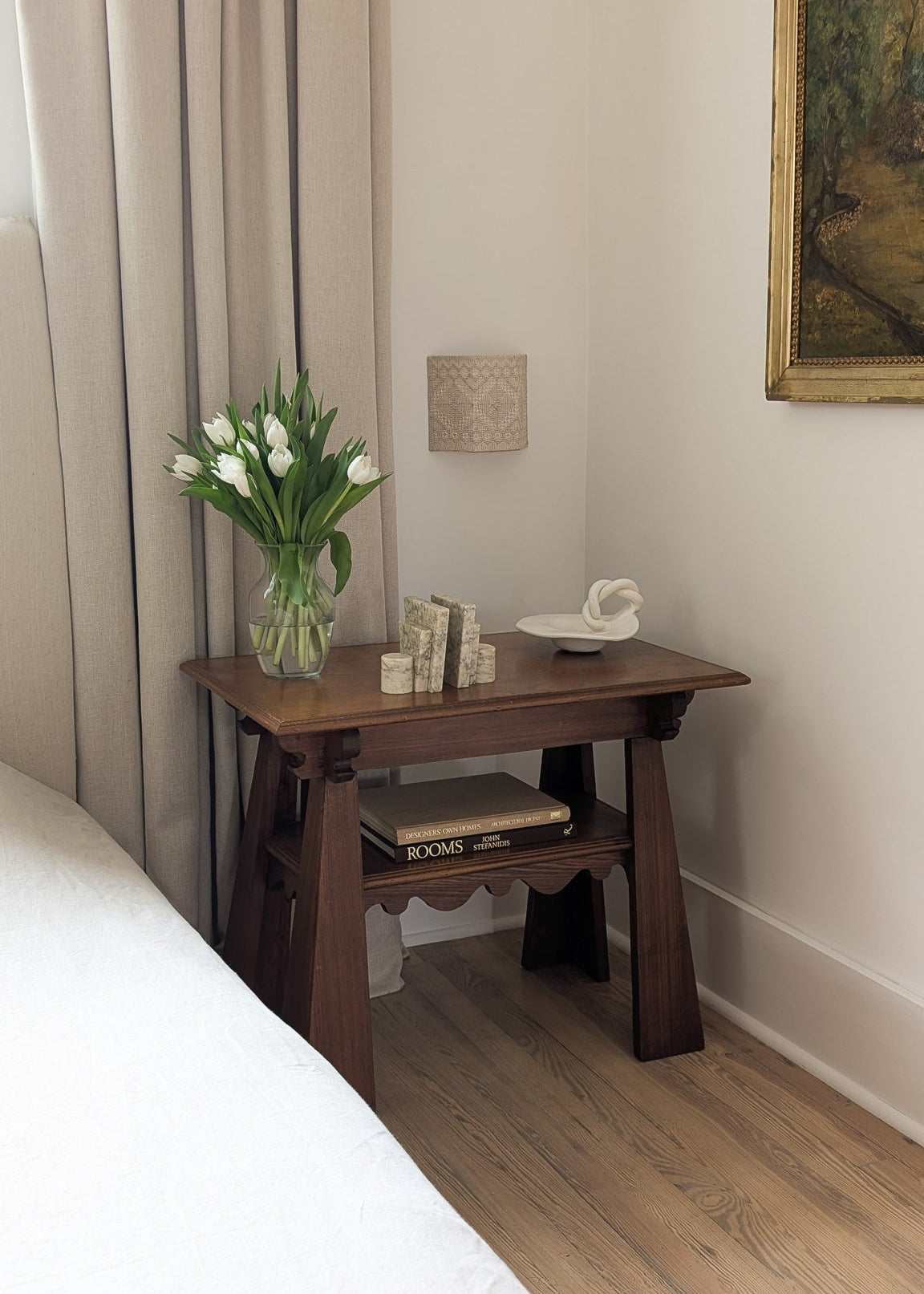 Pair of Unique Vintage Handcrafted Scalloped Wavy Wooden Nightstands or Side Tables with Shelf