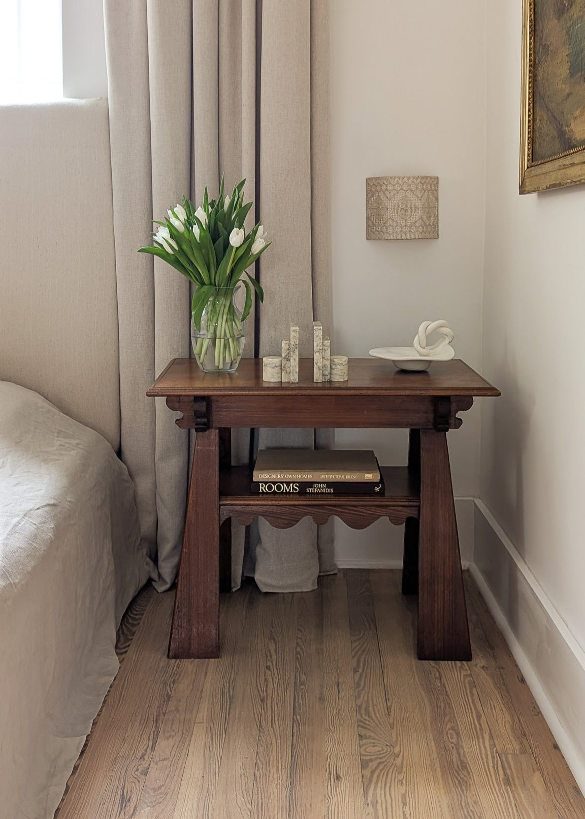 Pair of Unique Vintage Handcrafted Scalloped Wavy Wooden Nightstands or Side Tables with Shelf