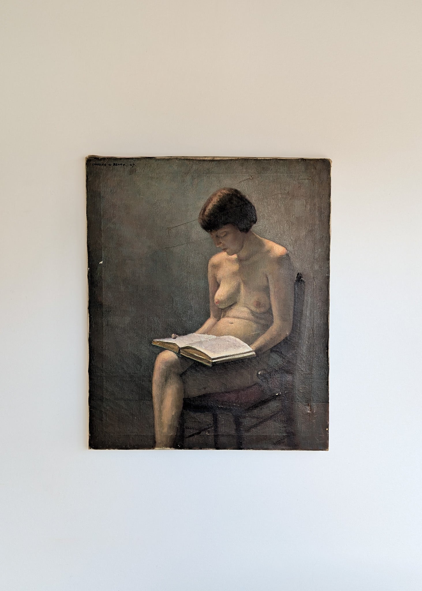 Original Signed 1957 Charles W. Bentz Nude Oil Painting Portrait of a Woman Reading a Book