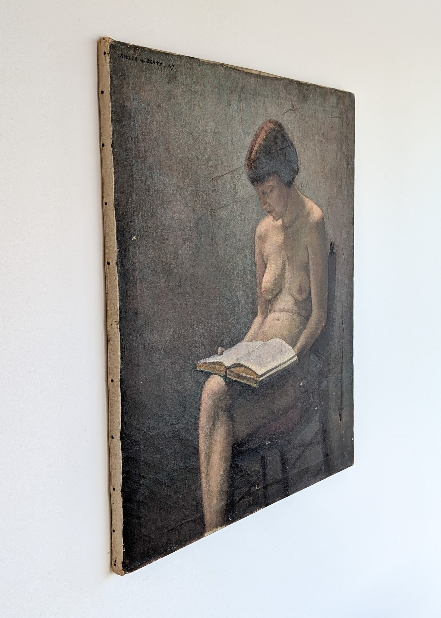 Original Signed 1957 Charles W. Bentz Nude Oil Painting Portrait of a Woman Reading a Book