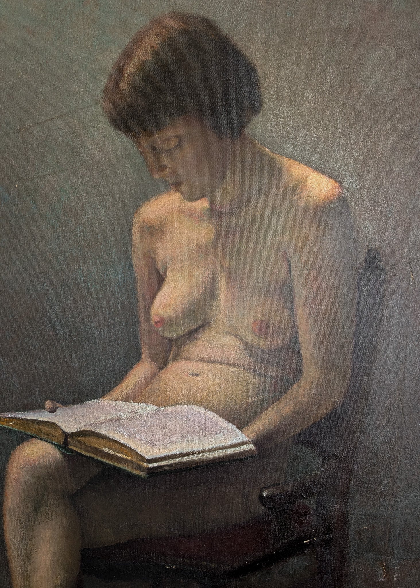 Original Signed 1957 Charles W. Bentz Nude Oil Painting Portrait of a Woman Reading a Book