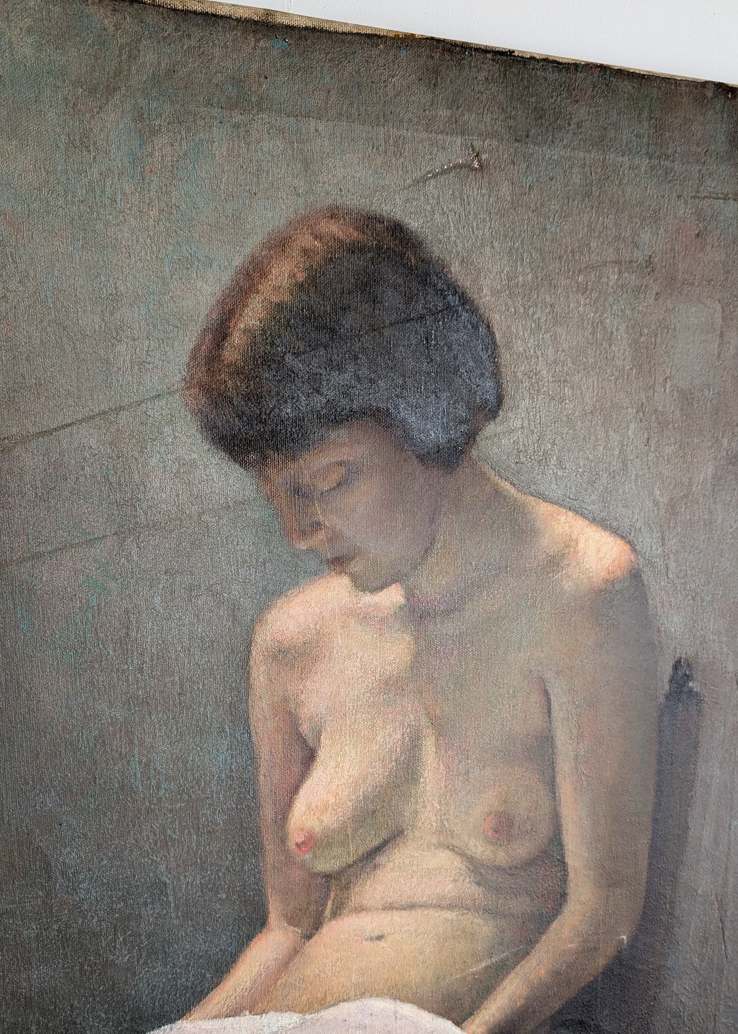 Original Signed 1957 Charles W. Bentz Nude Oil Painting Portrait of a Woman Reading a Book