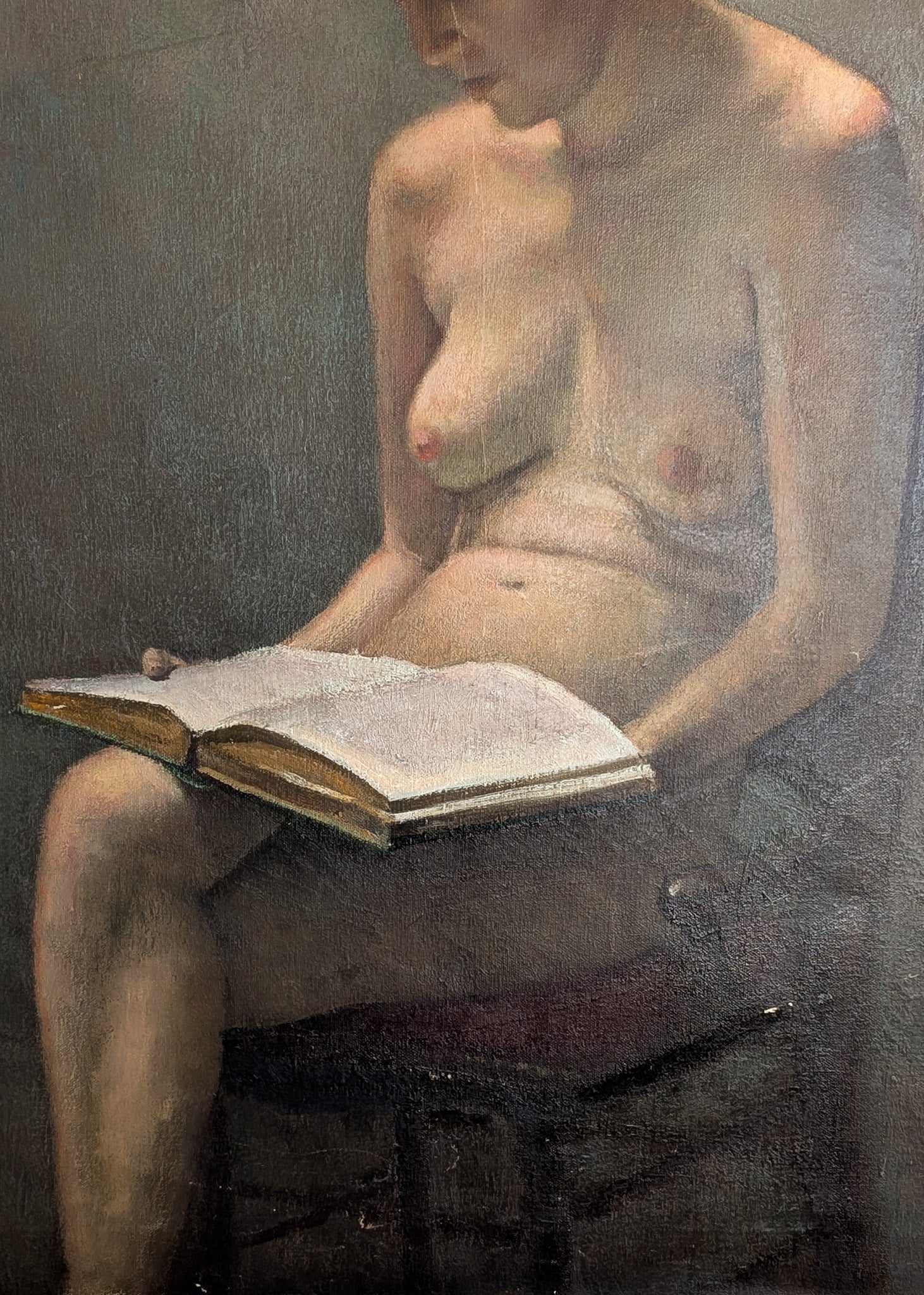 Original Signed 1957 Charles W. Bentz Nude Oil Painting Portrait of a Woman Reading a Book