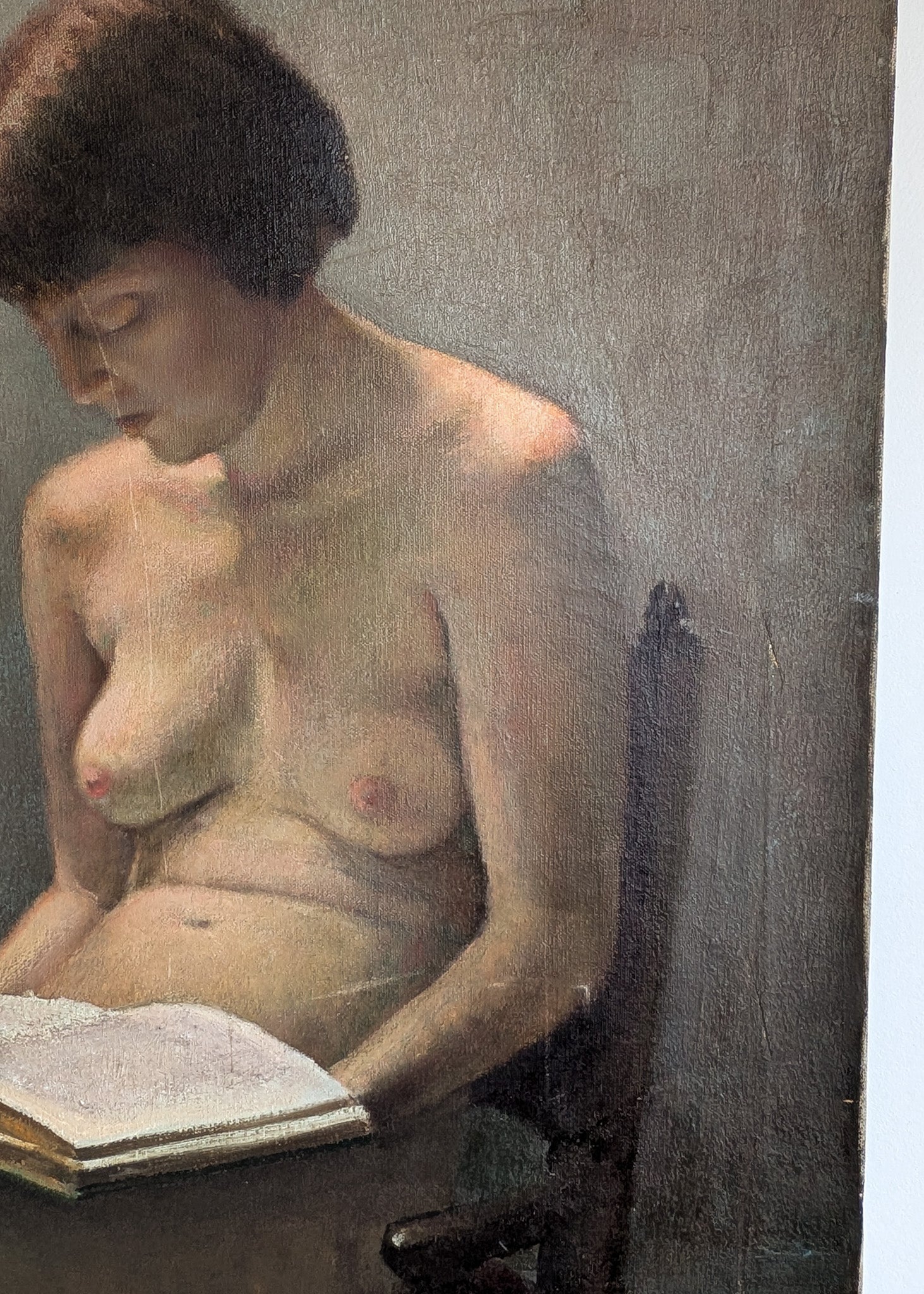 Original Signed 1957 Charles W. Bentz Nude Oil Painting Portrait of a Woman Reading a Book
