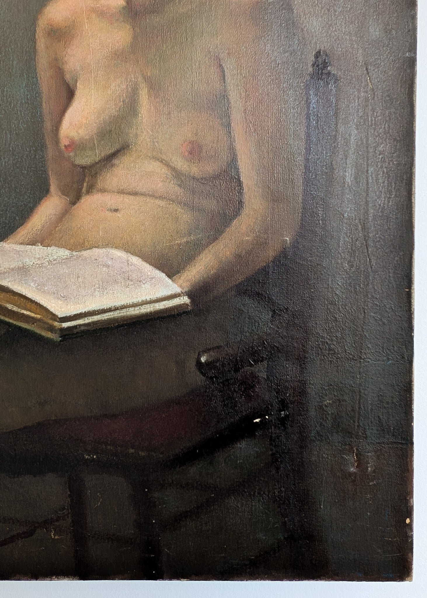 Original Signed 1957 Charles W. Bentz Nude Oil Painting Portrait of a Woman Reading a Book
