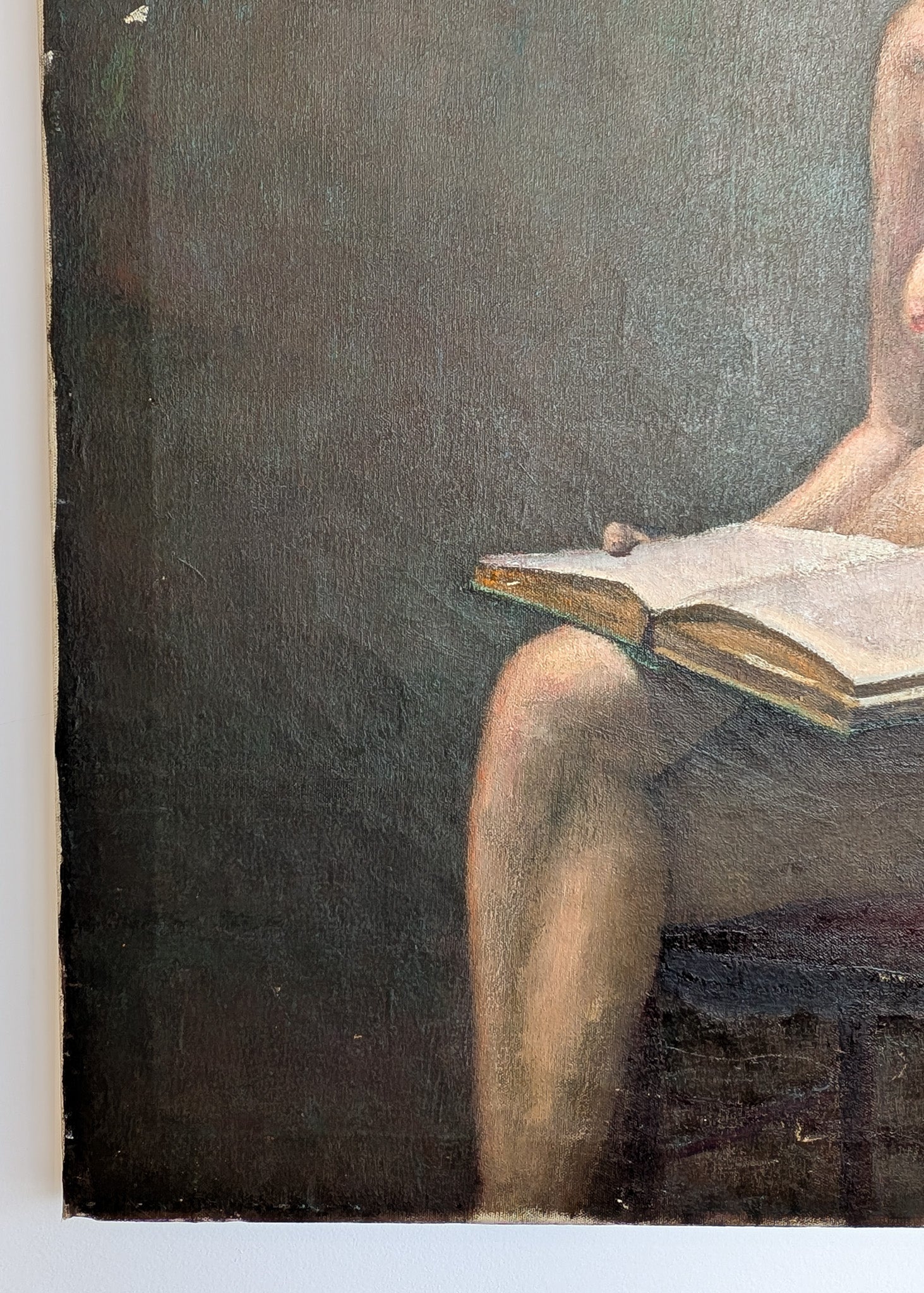 Original Signed 1957 Charles W. Bentz Nude Oil Painting Portrait of a Woman Reading a Book