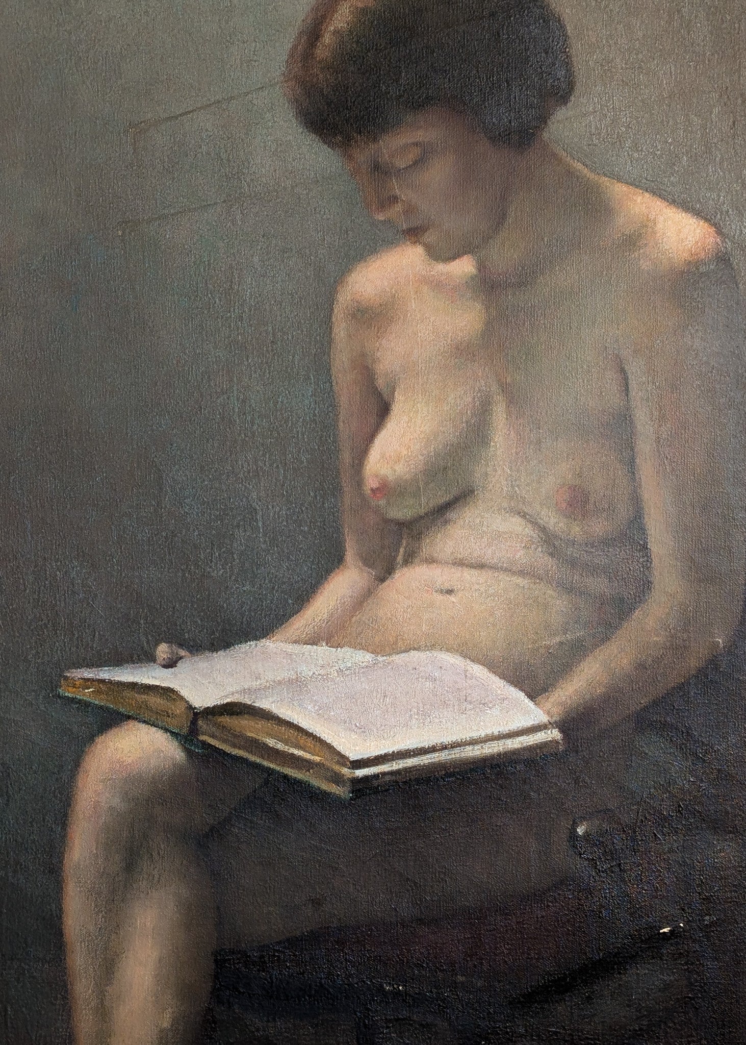Original Signed 1957 Charles W. Bentz Nude Oil Painting Portrait of a Woman Reading a Book