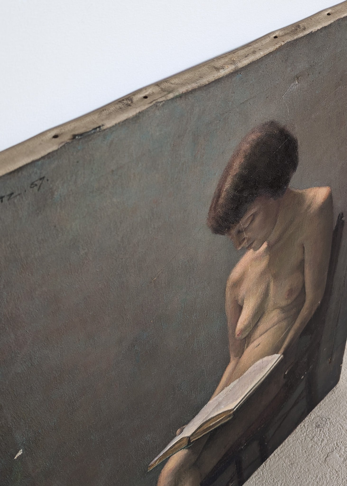 Original Signed 1957 Charles W. Bentz Nude Oil Painting Portrait of a Woman Reading a Book
