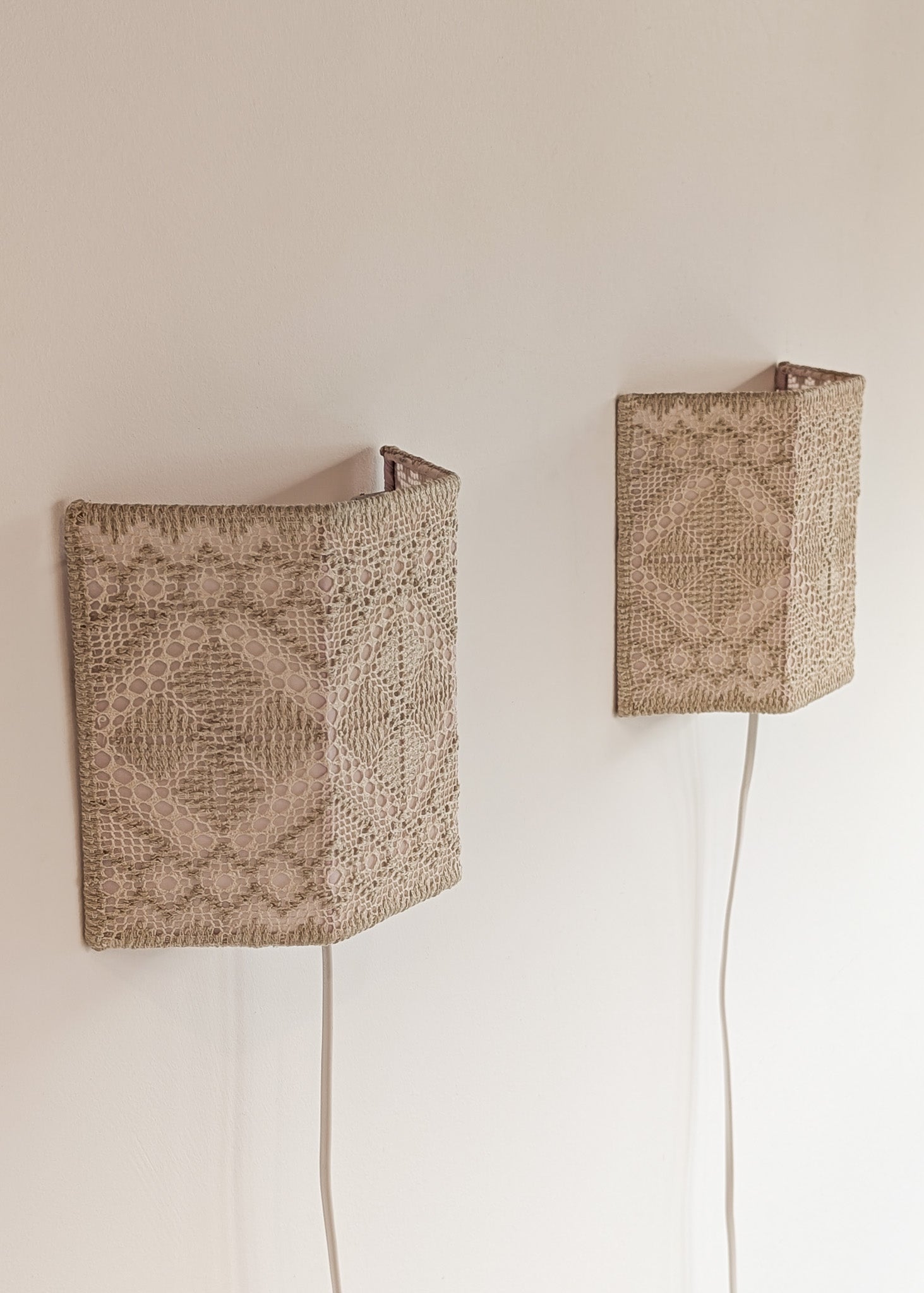 Pair of Vintage Swedish Crocheted Plug-In Wall Sconces