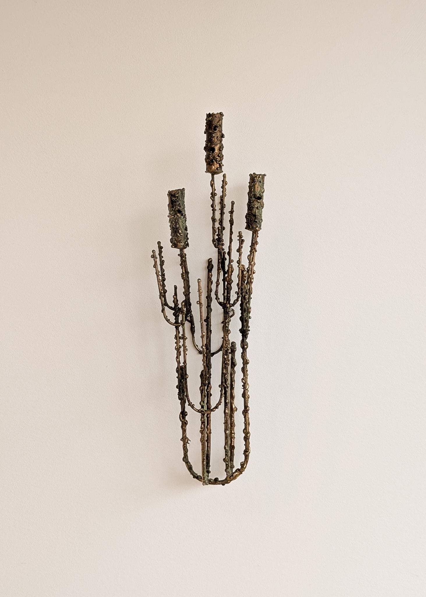 Rare Signed 1968 Curtis Jeré Brutalist Wall Sconce Candelabra with Faux Verdigris Finish