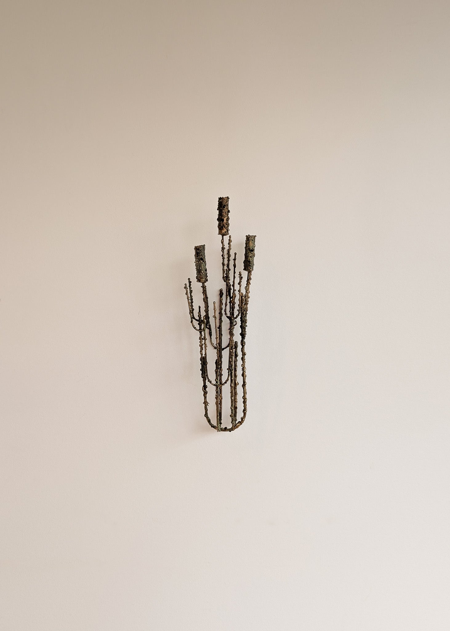 Rare Signed 1968 Curtis Jeré Brutalist Wall Sconce Candelabra with Faux Verdigris Finish