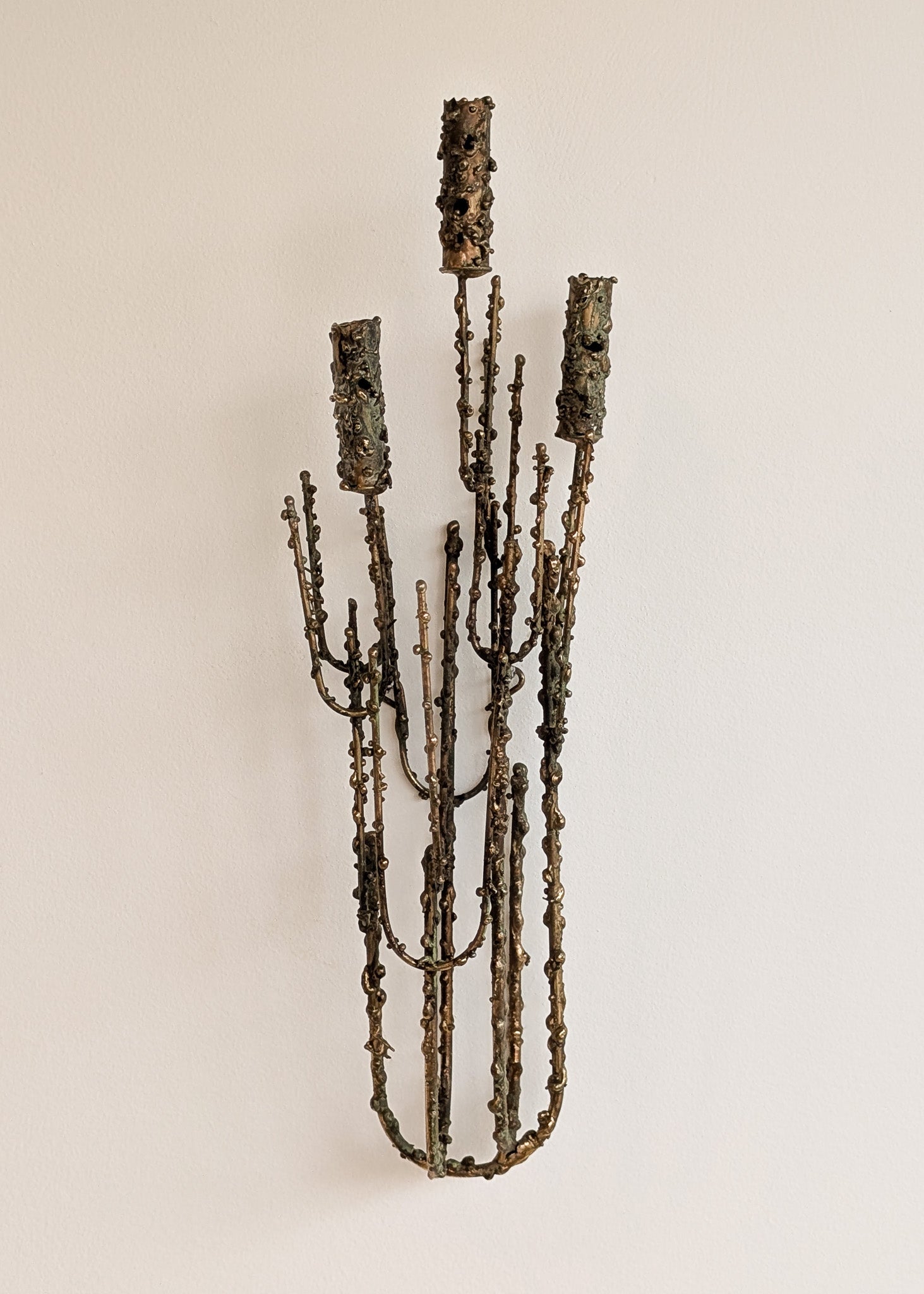 Rare Signed 1968 Curtis Jeré Brutalist Wall Sconce Candelabra with Faux Verdigris Finish