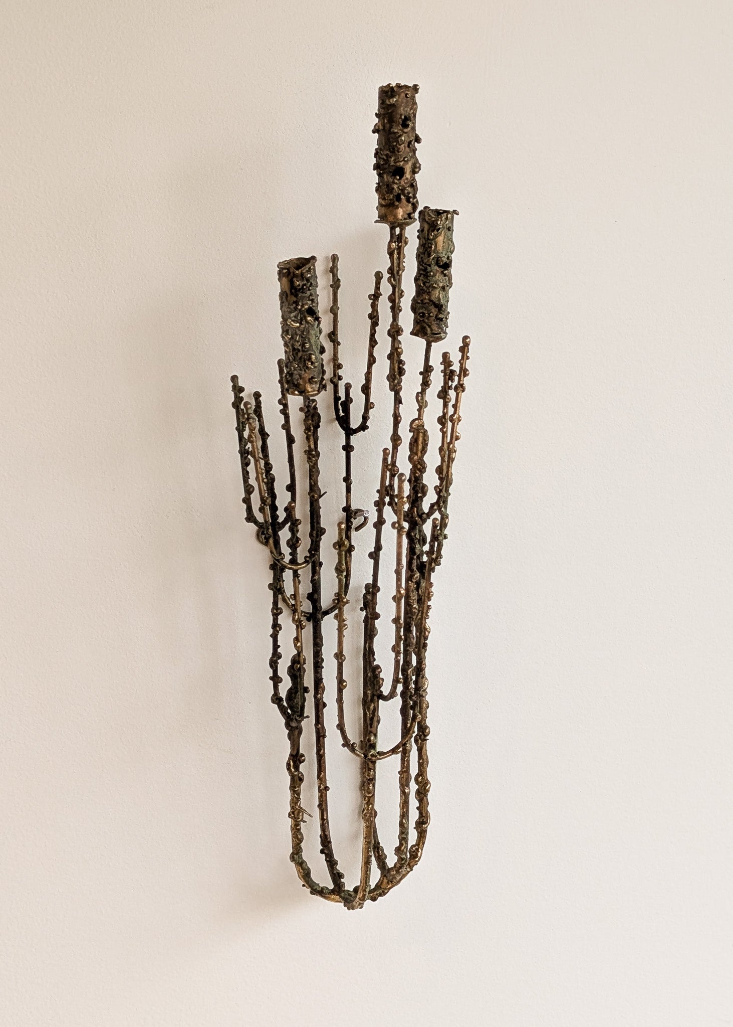 Rare Signed 1968 Curtis Jeré Brutalist Wall Sconce Candelabra with Faux Verdigris Finish