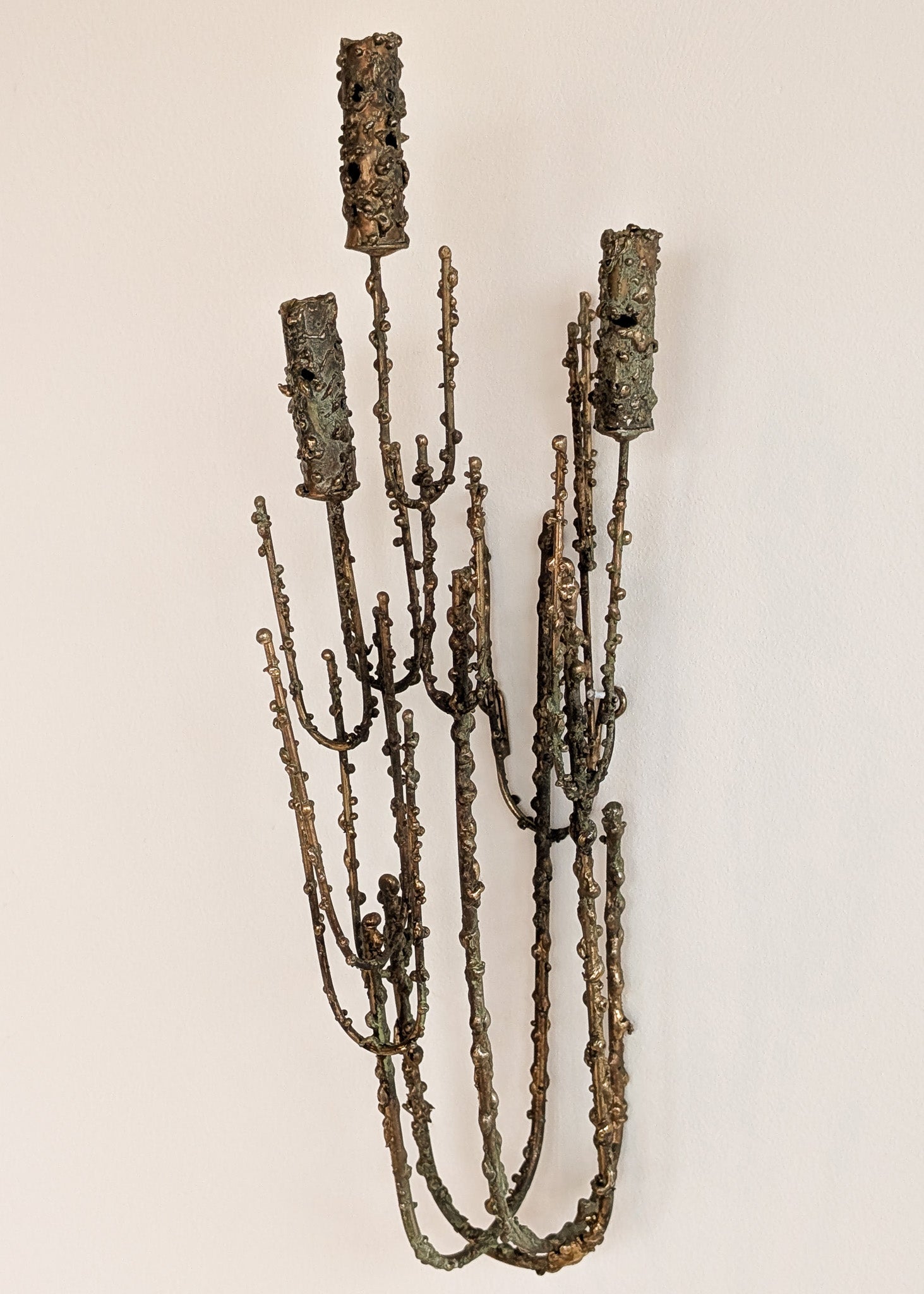 Rare Signed 1968 Curtis Jeré Brutalist Wall Sconce Candelabra with Faux Verdigris Finish