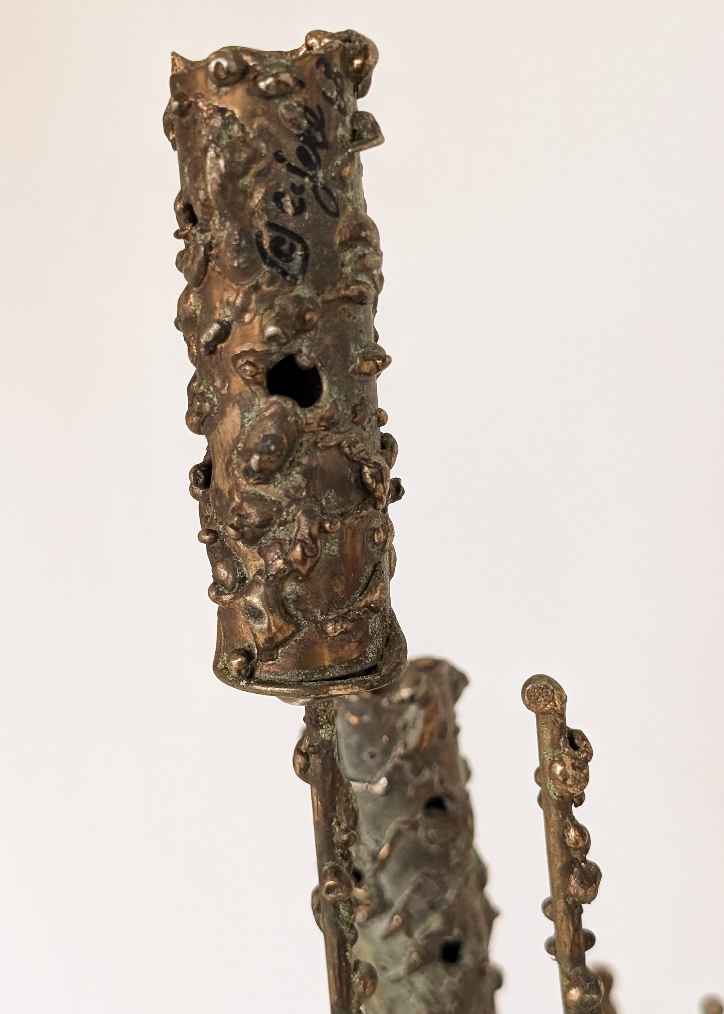Rare Signed 1968 Curtis Jeré Brutalist Wall Sconce Candelabra with Faux Verdigris Finish