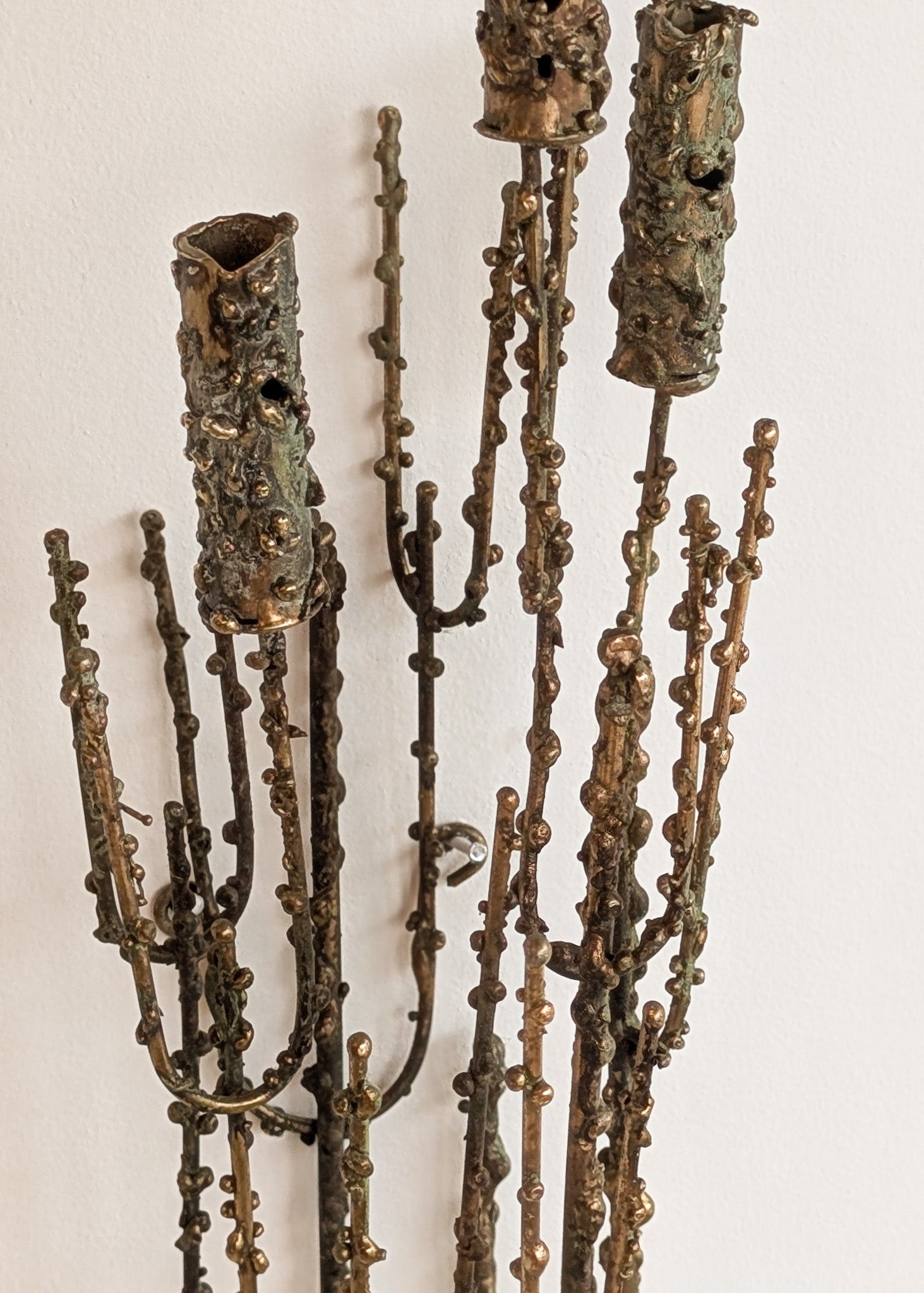 Rare Signed 1968 Curtis Jeré Brutalist Wall Sconce Candelabra with Faux Verdigris Finish