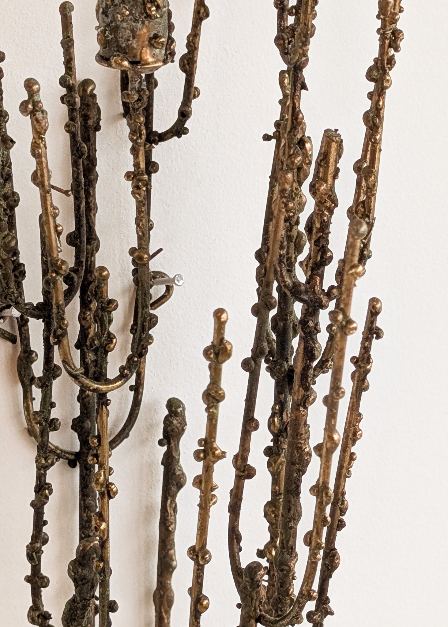 Rare Signed 1968 Curtis Jeré Brutalist Wall Sconce Candelabra with Faux Verdigris Finish