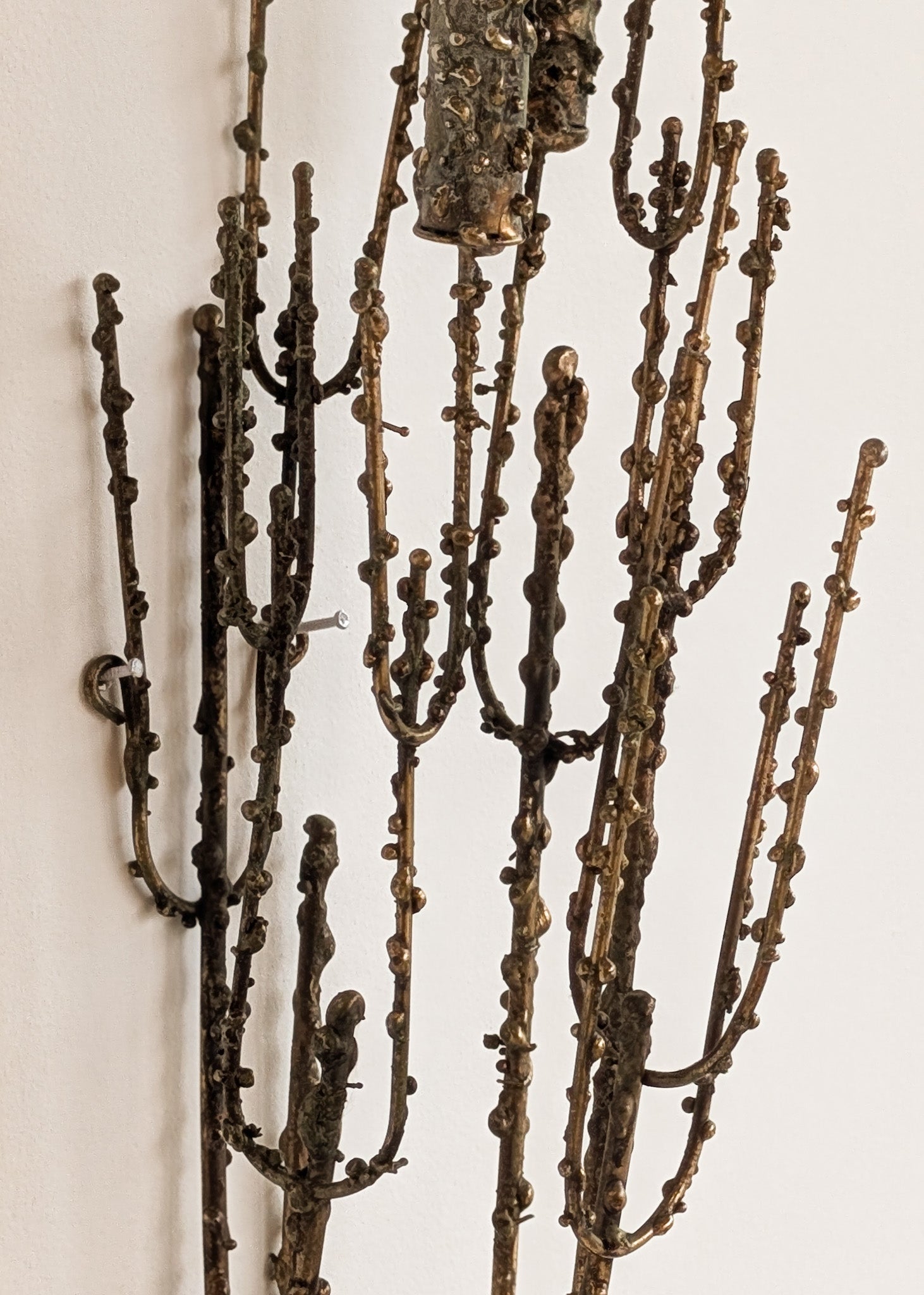 Rare Signed 1968 Curtis Jeré Brutalist Wall Sconce Candelabra with Faux Verdigris Finish