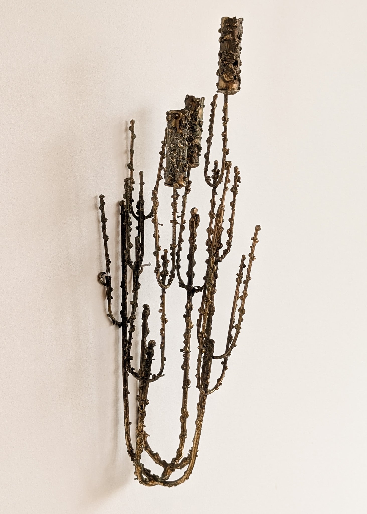 Rare Signed 1968 Curtis Jeré Brutalist Wall Sconce Candelabra with Faux Verdigris Finish